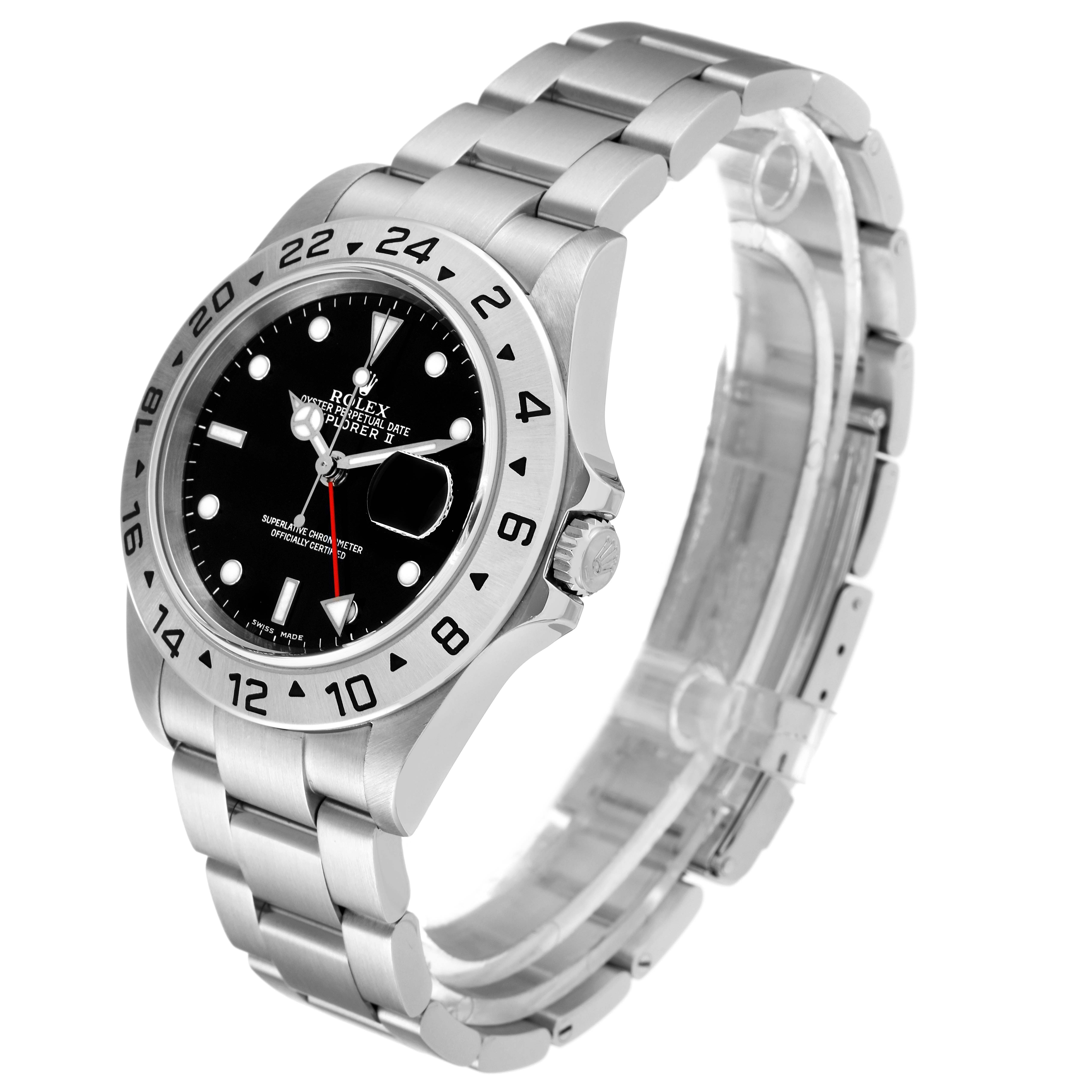 The Rolex Explorer 16570 Men's Stainless Steel Black Dial 16570 Men's Stainless Steel Black Dial watch is shown at a three-quarter angle, displaying the face, bezel, crown, and bracelet.