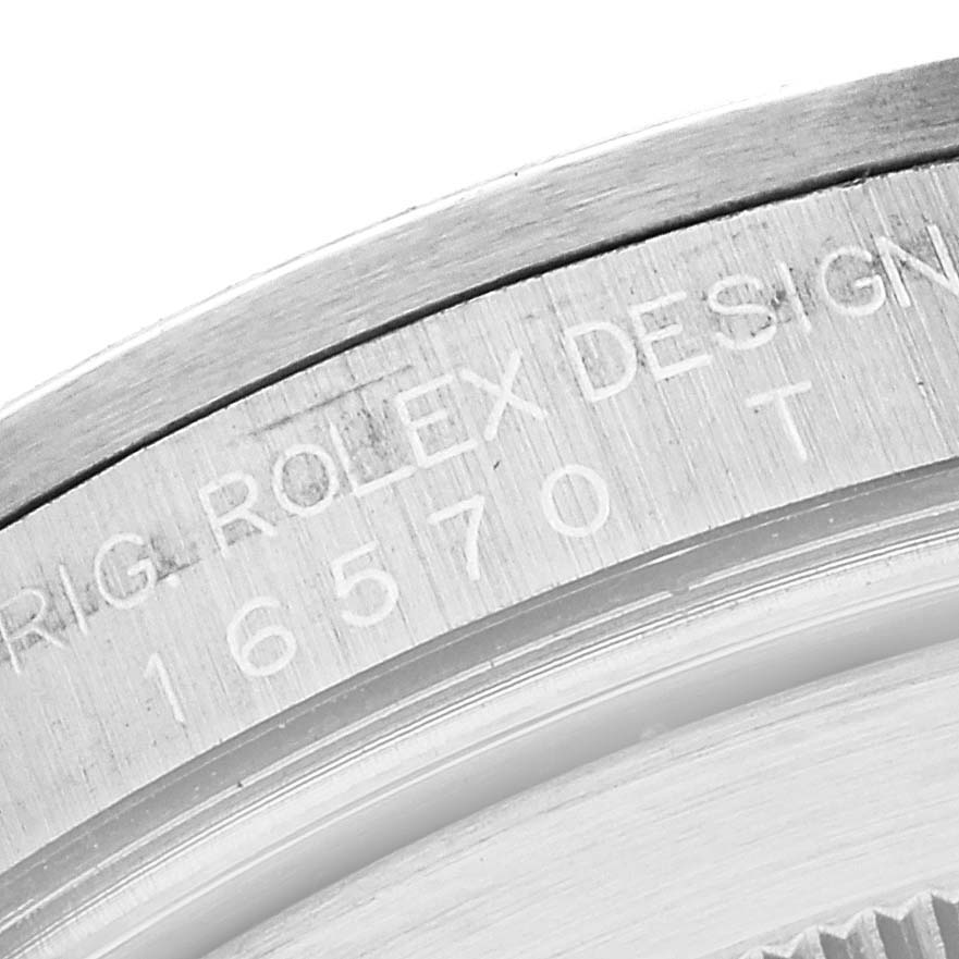 This image shows a close-up view of the engraved case back of a Rolex Explorer 16570 Men's Stainless Steel Black Dial 16570 Men's Stainless Steel Black Dial model watch.