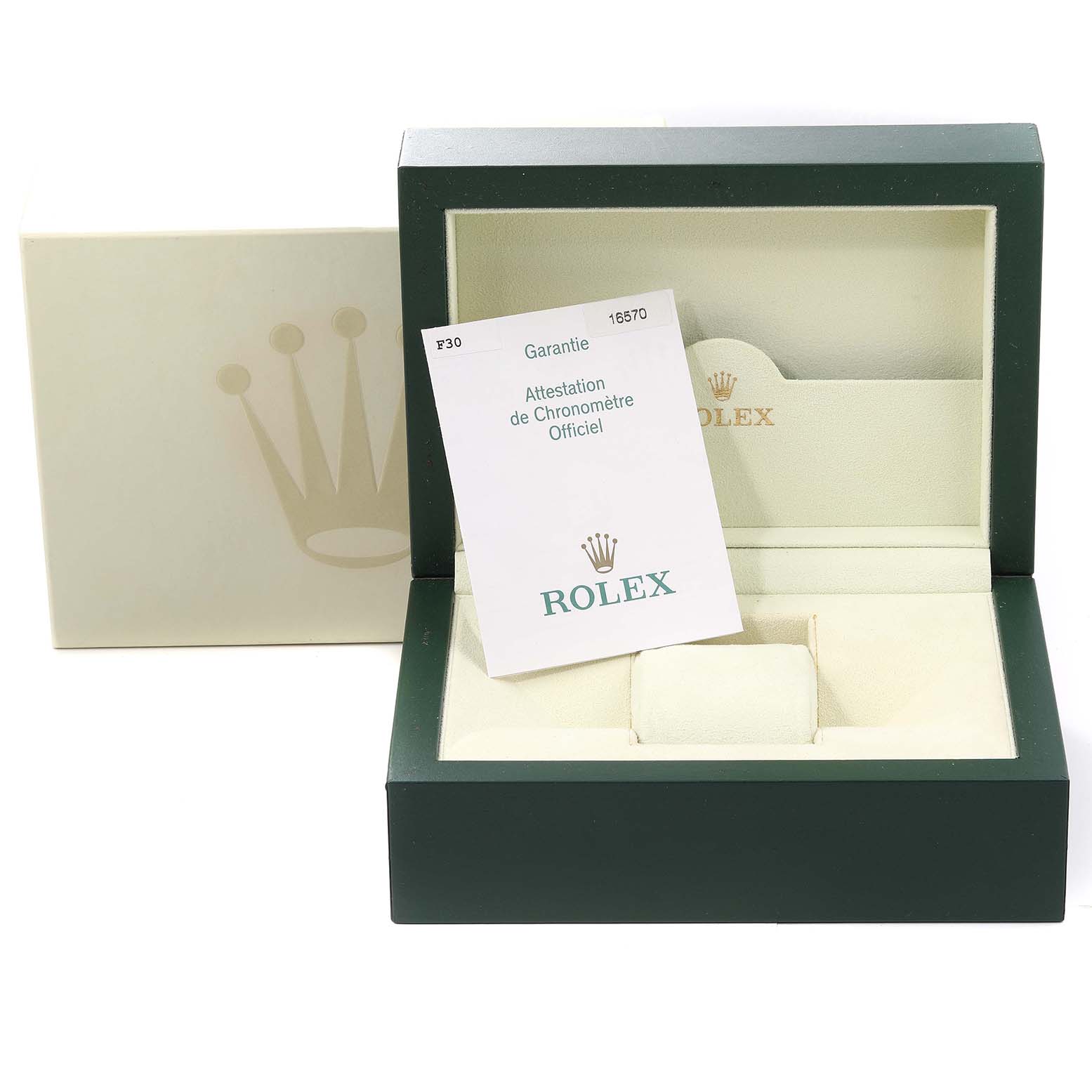 The image shows a Rolex Explorer 16570 Men's Stainless Steel Black Dial 16570 Men's Stainless Steel Black Dial model box, warranty card, and packaging from a frontal angle.