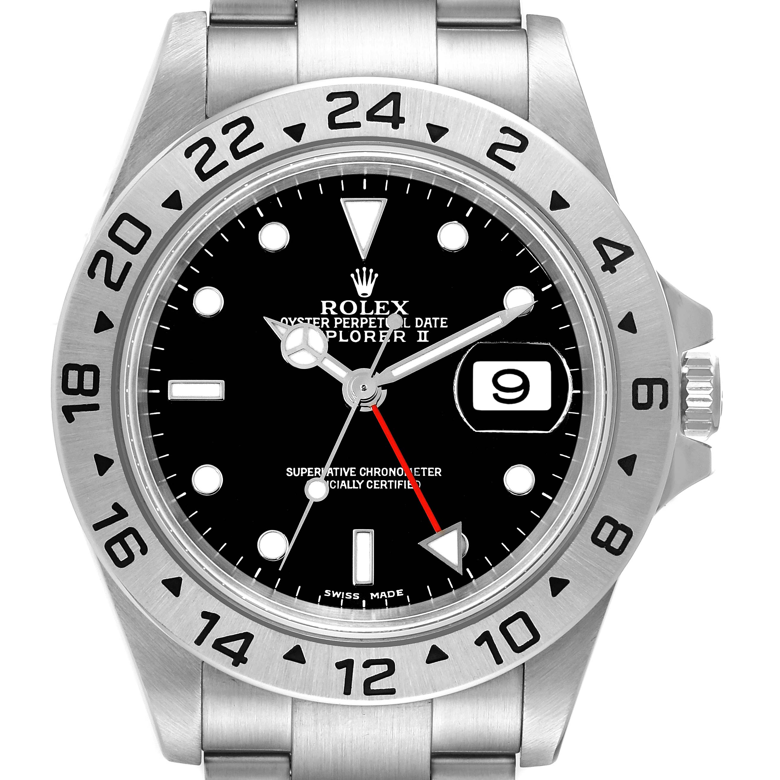 The image shows a front view of a Rolex Explorer 16570 Men's Stainless Steel Black Dial 16570 Men's Stainless Steel Black Dial watch, highlighting its face, bezel, bracelet, and crown.