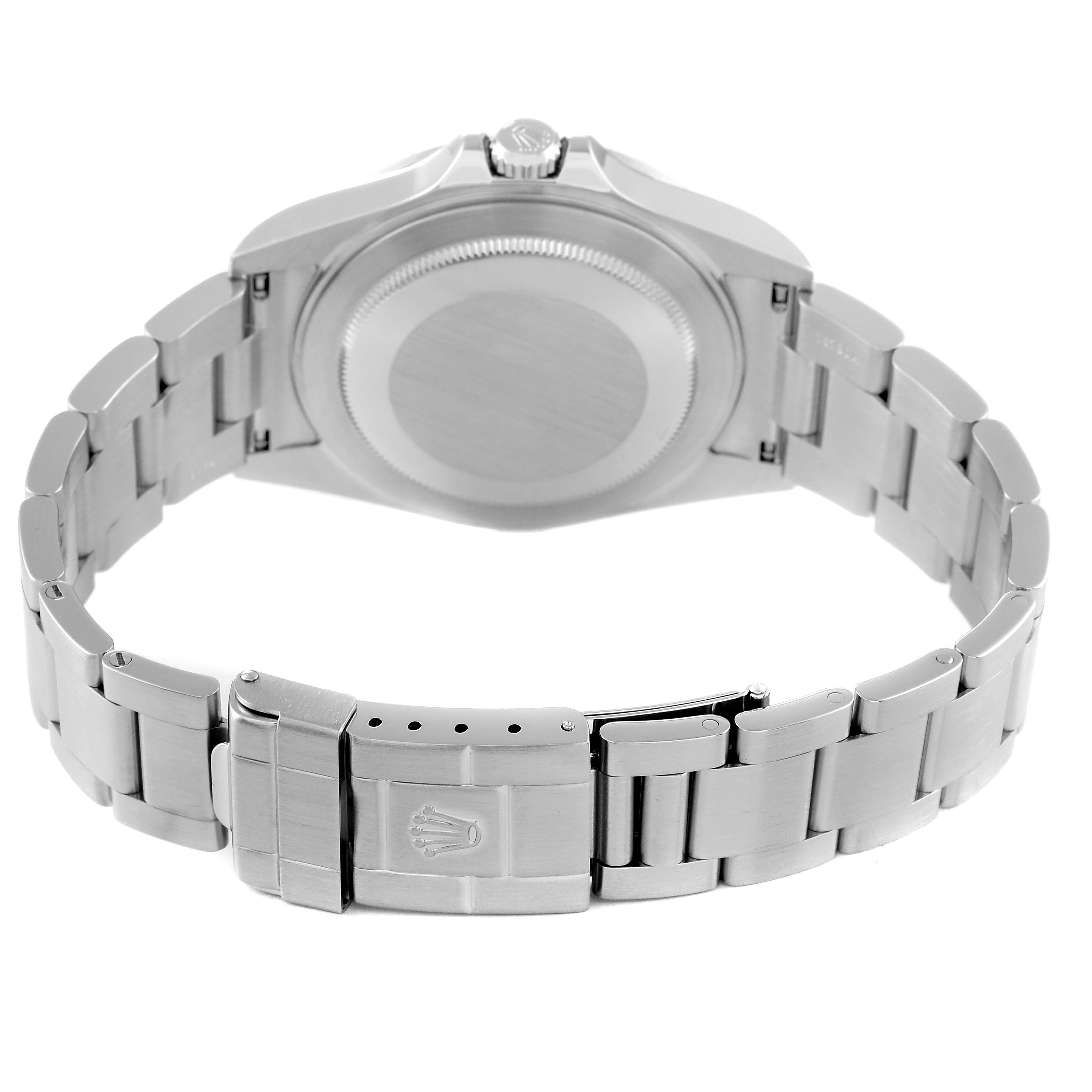 The image shows the back view of a Rolex Explorer 16570 Men's Stainless Steel Black Dial 16570 Men's Stainless Steel Black Dial watch, focusing on the case back and bracelet with the clasp.