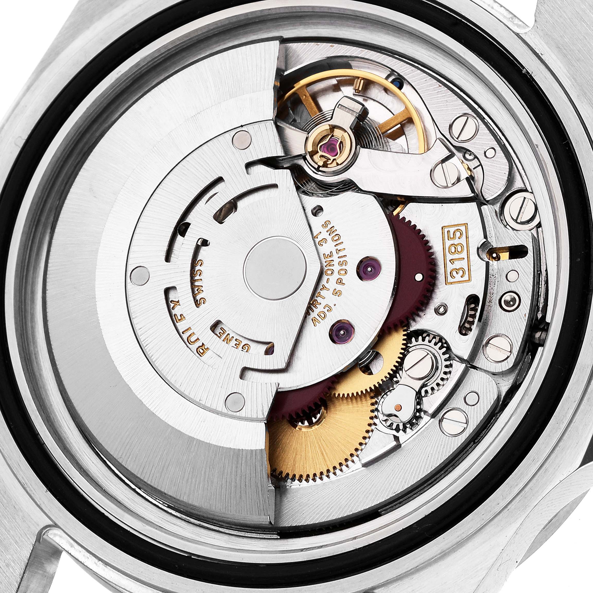 This is a close-up view of the movement mechanism inside a Rolex Explorer 16570 Men's Stainless Steel Black Dial 16570 Men's Stainless Steel Black Dial watch.