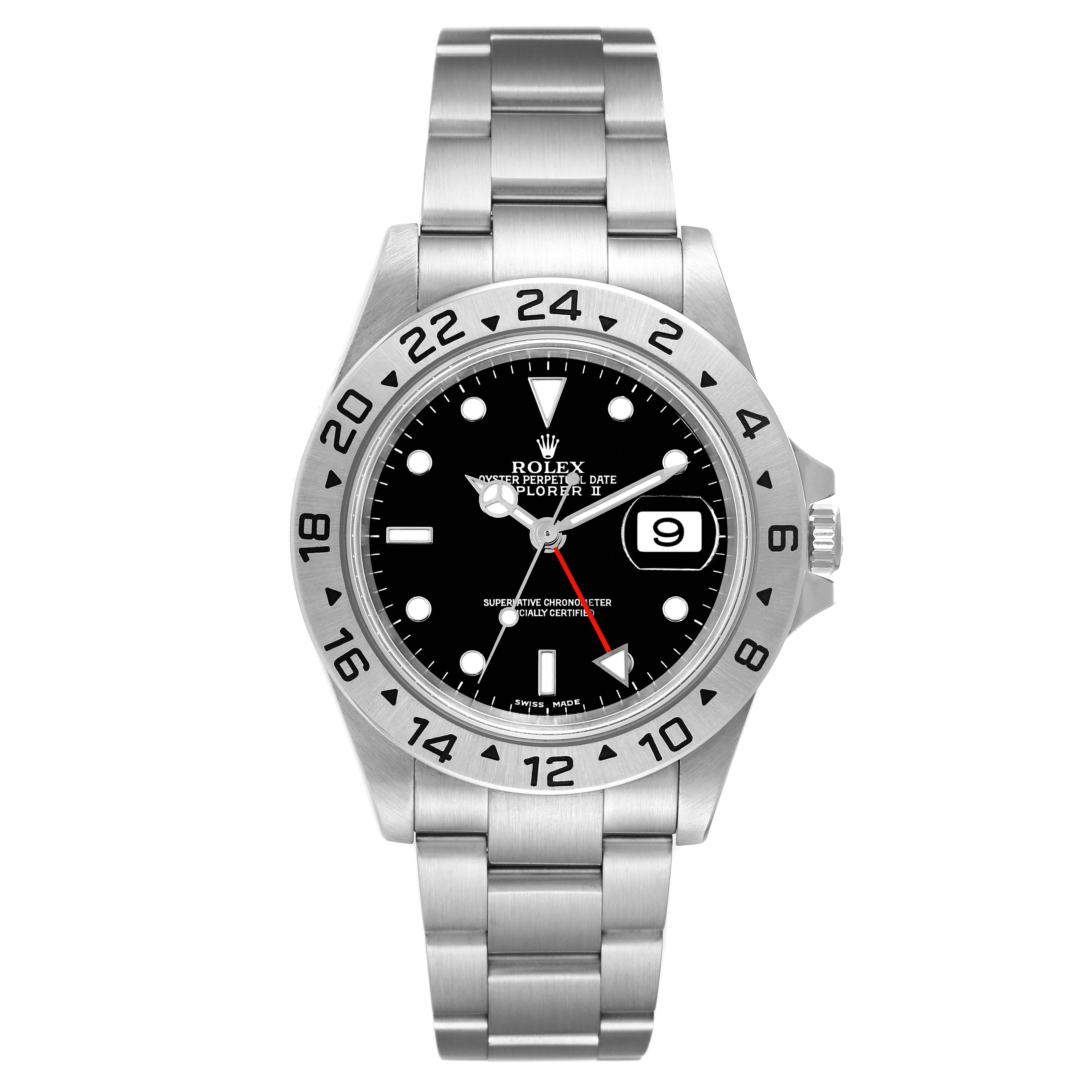 The image displays a front view of a Rolex Explorer 16570 Men's Stainless Steel Black Dial 16570 Men's Stainless Steel Black Dial watch showing its face, bezel, bracelet, and date window.