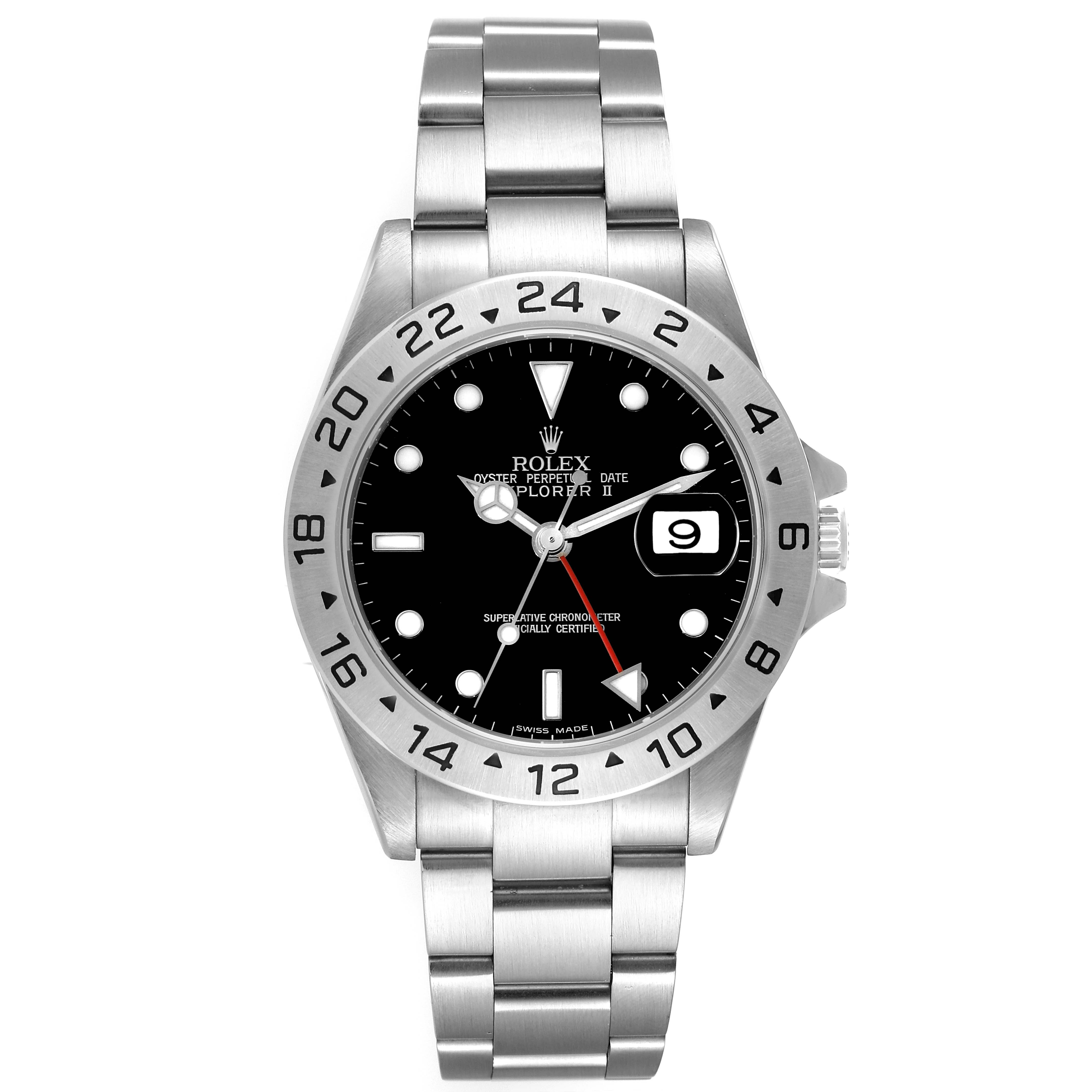 The image shows a front view of the Rolex Explorer 16570 Men's Stainless Steel Black Dial 16570 Men's Stainless Steel Black Dial watch, displaying the face, bezel, bracelet, and crown.