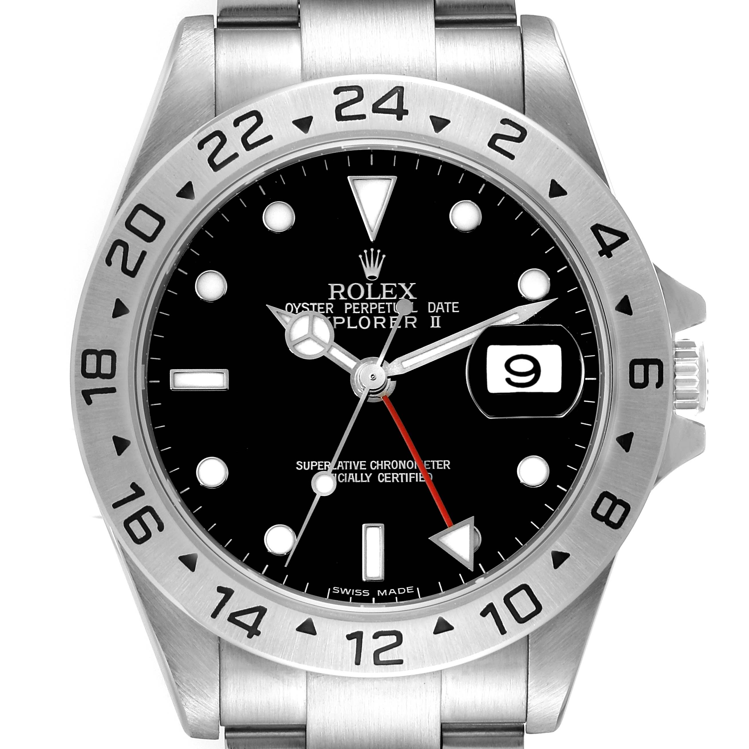 This image shows the Rolex Explorer 16570 Men's Stainless Steel Black Dial 16570 Men's Stainless Steel Black Dial watch face, bezel, bracelet, crown, and date window in a front-facing angle.
