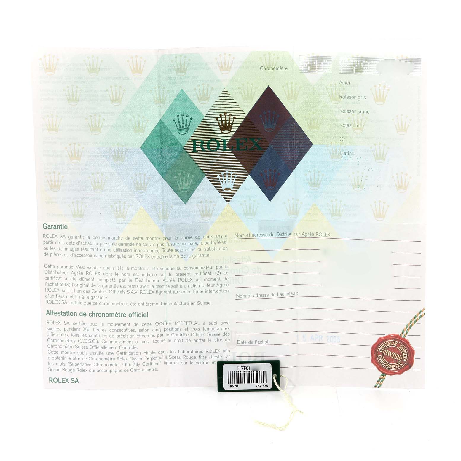 This image shows the guarantee certificate and tag for a Rolex Explorer 16570 Men's Stainless Steel Black Dial 16570 Men's Stainless Steel Black Dial watch, viewed from above.