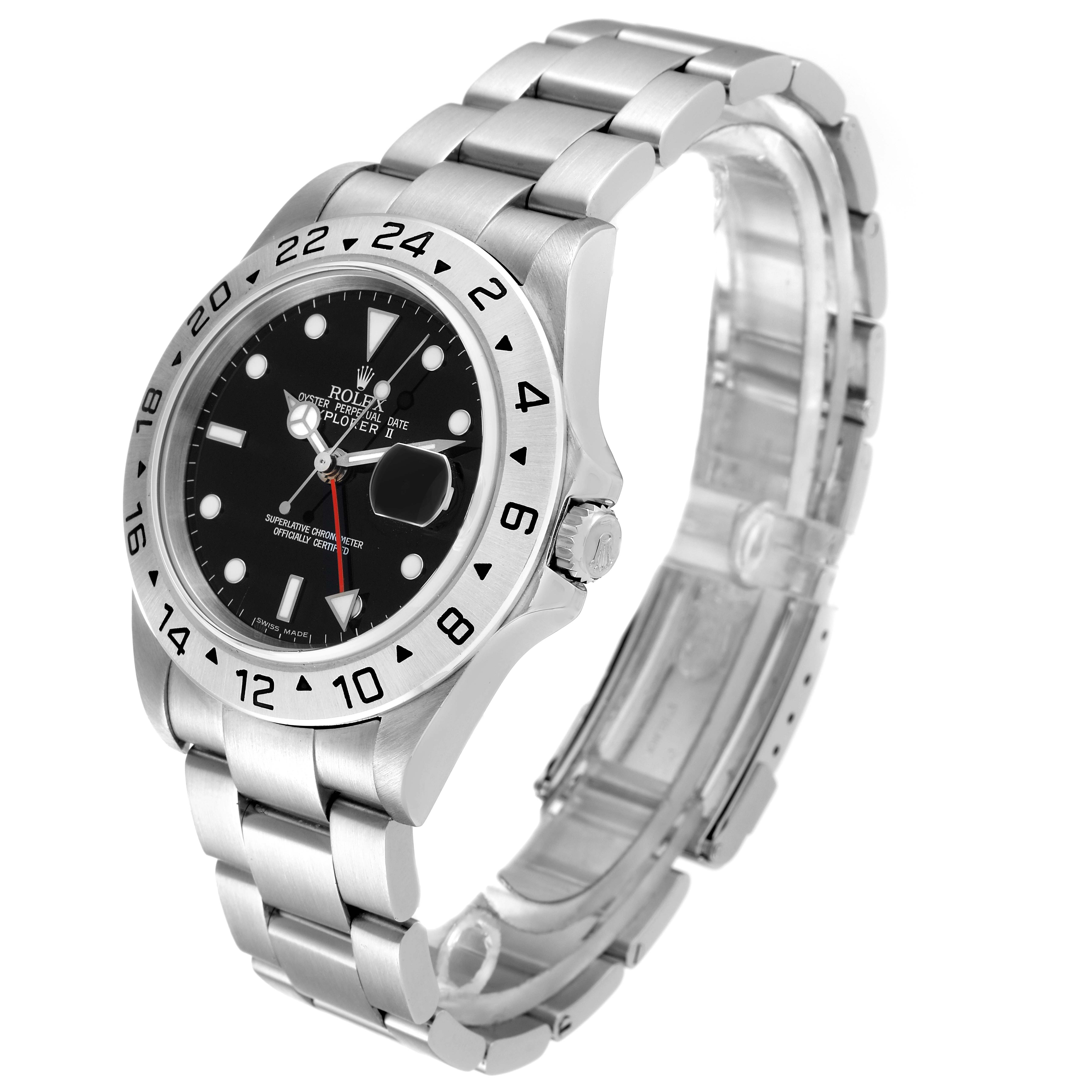 The image shows a Rolex Explorer 16570 Men's Stainless Steel Black Dial 16570 Men's Stainless Steel Black Dial watch from a three-quarter angle, highlighting its bezel, dial, and metal bracelet.