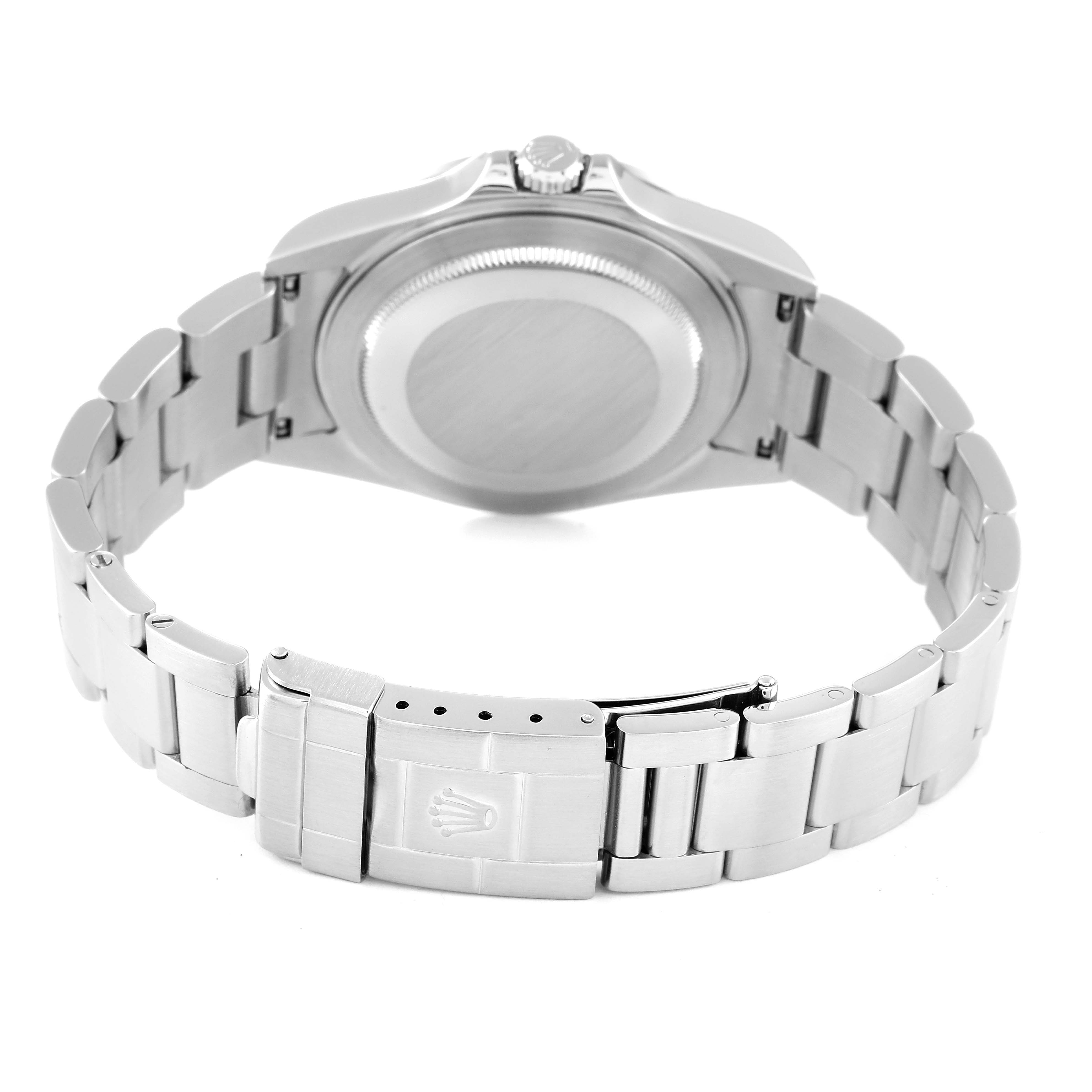 The image shows the rear view of a Rolex Explorer 16570 Men's Stainless Steel Black Dial 16570 Men's Stainless Steel Black Dial watch, highlighting the case back and metal bracelet with a clasp.