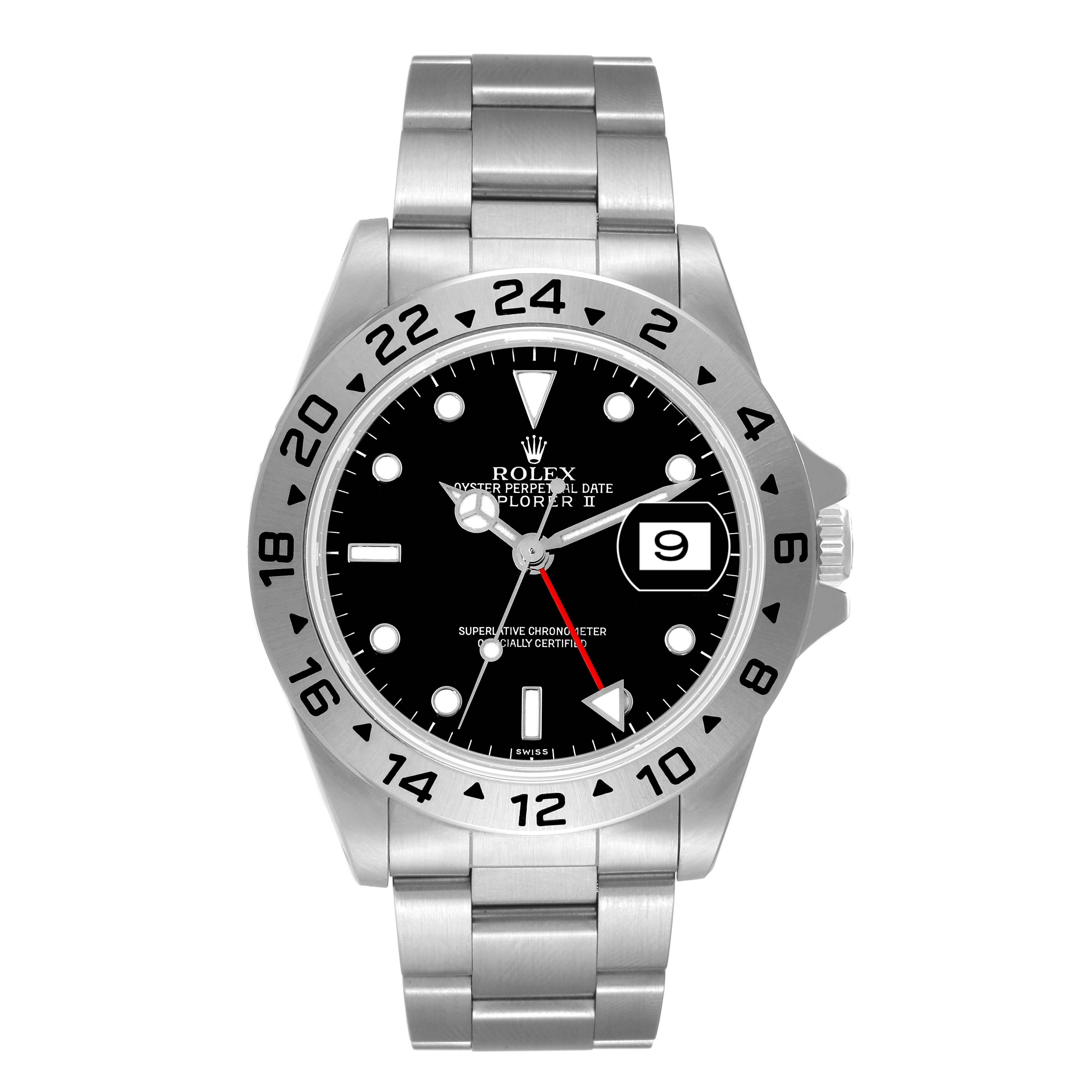 This image shows a front view of a Rolex Explorer 16570 Men
s Stainless Steel Black Dial 16570 Men
s Stainless Steel Black Dial II, highlighting the dial, bezel, bracelet, and date window.