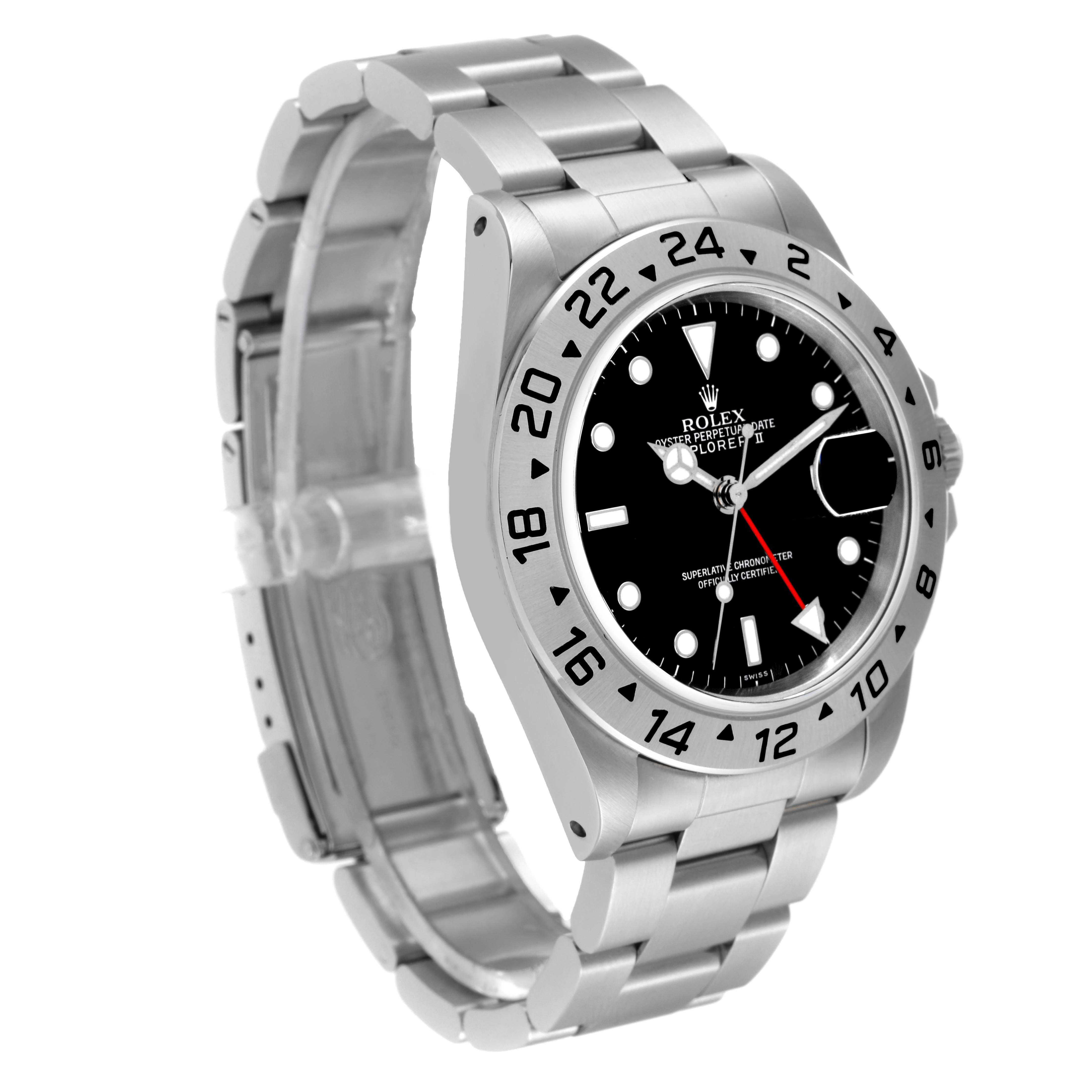 The image shows a side angle of a Rolex Explorer 16570 Men
s Stainless Steel Black Dial 16570 Men
s Stainless Steel Black Dial watch, highlighting the dial, bezel, and bracelet.
