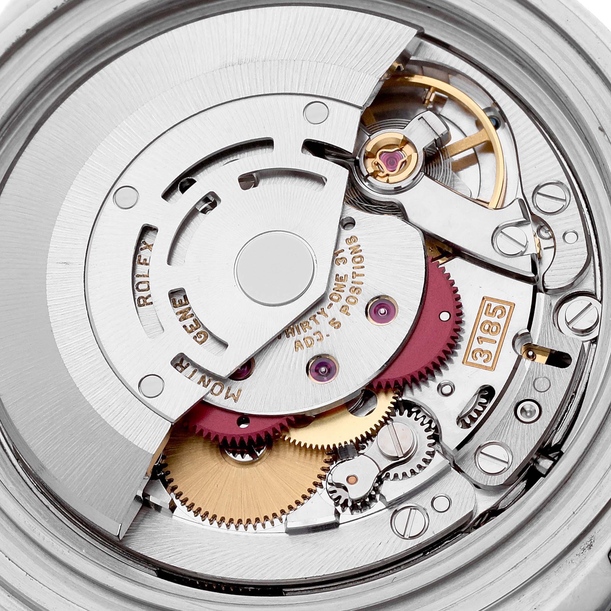 This image shows a close-up view of the movement mechanism inside a Rolex Explorer 16570 Men
s Stainless Steel Black Dial 16570 Men
s Stainless Steel Black Dial watch, highlighting gears and internal components.