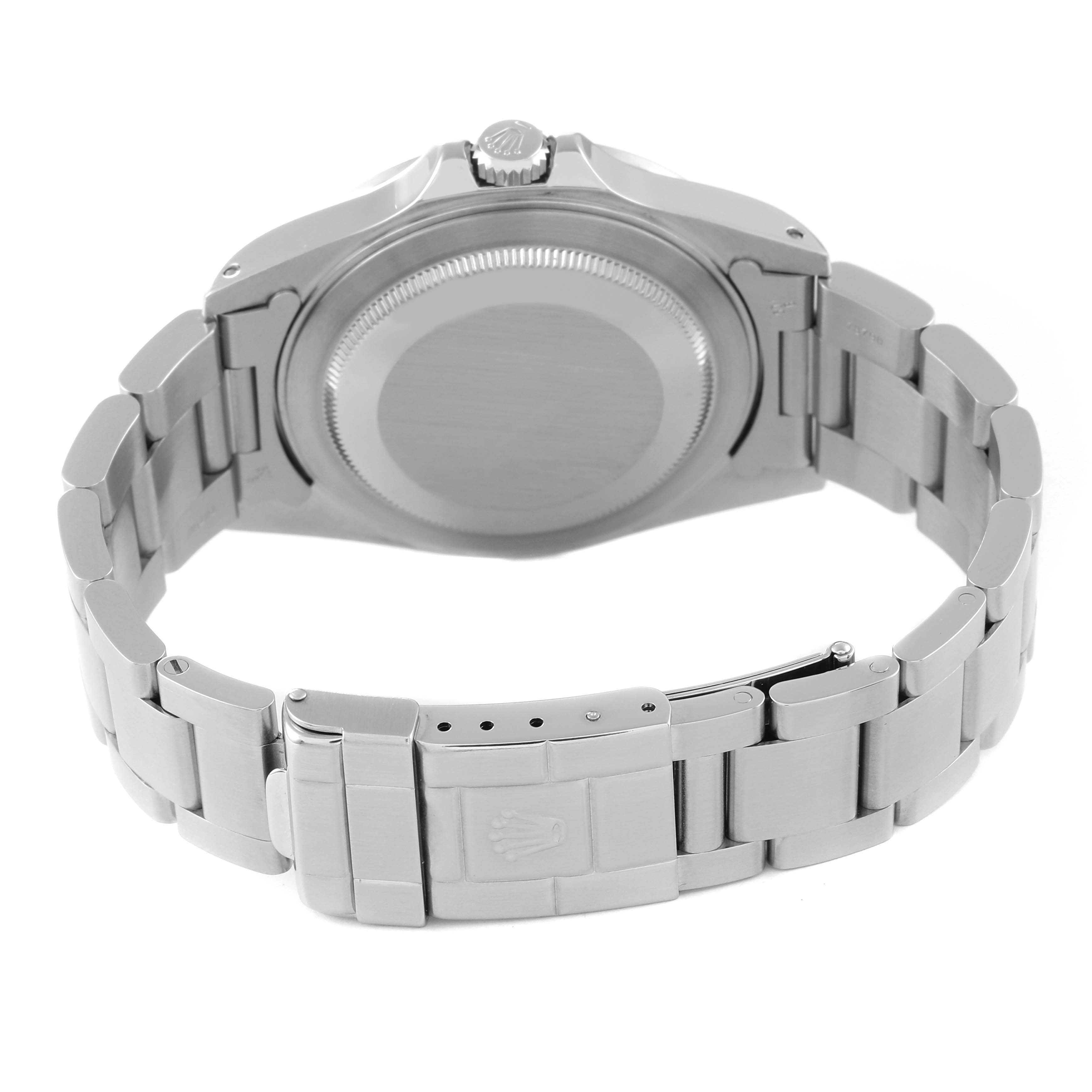 The image shows the back case and bracelet of a Rolex Explorer 16570 Men
s Stainless Steel Black Dial 16570 Men
s Stainless Steel Black Dial watch, highlighting the clasp and case back.