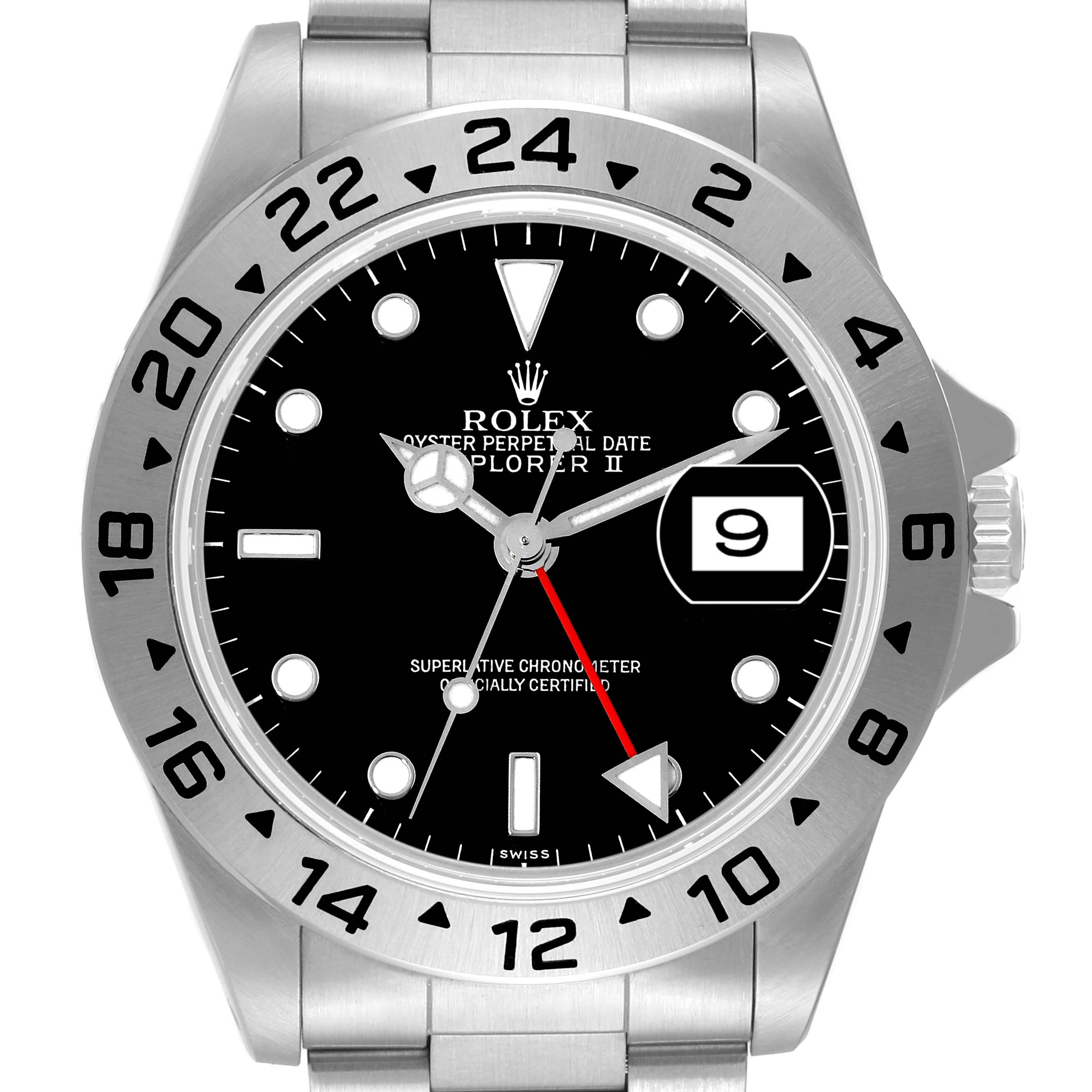 The image shows a front view of the Rolex Explorer 16570 Men
s Stainless Steel Black Dial 16570 Men
s Stainless Steel Black Dial watch, highlighting the dial, bezel, and part of the bracelet.