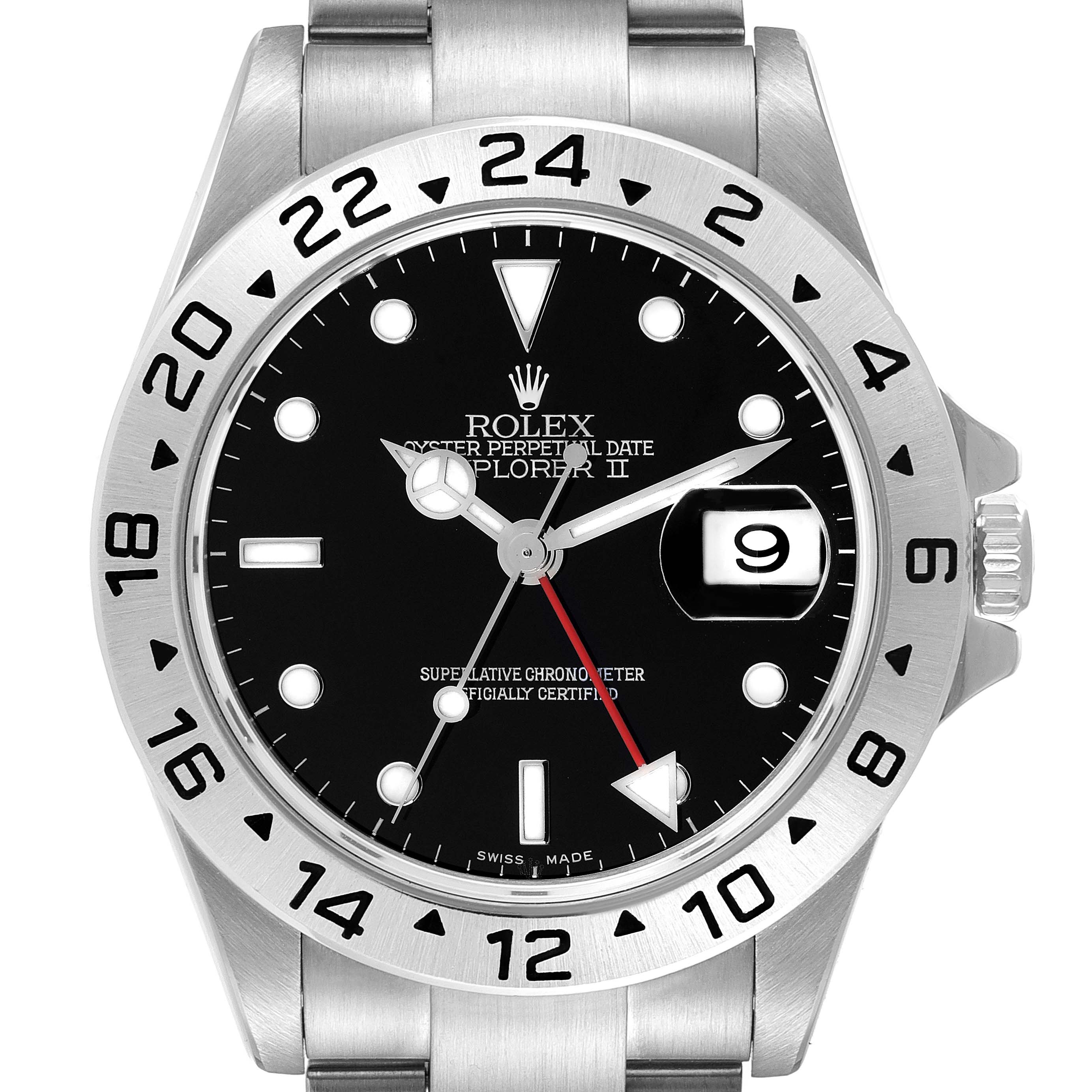 The image shows a front view of a Rolex Explorer 16570 Men's Stainless Steel Black Dial 16570 Men's Stainless Steel Black Dial watch, displaying the dial, bezel, crown, bracelet, and a date window with a magnification lens.