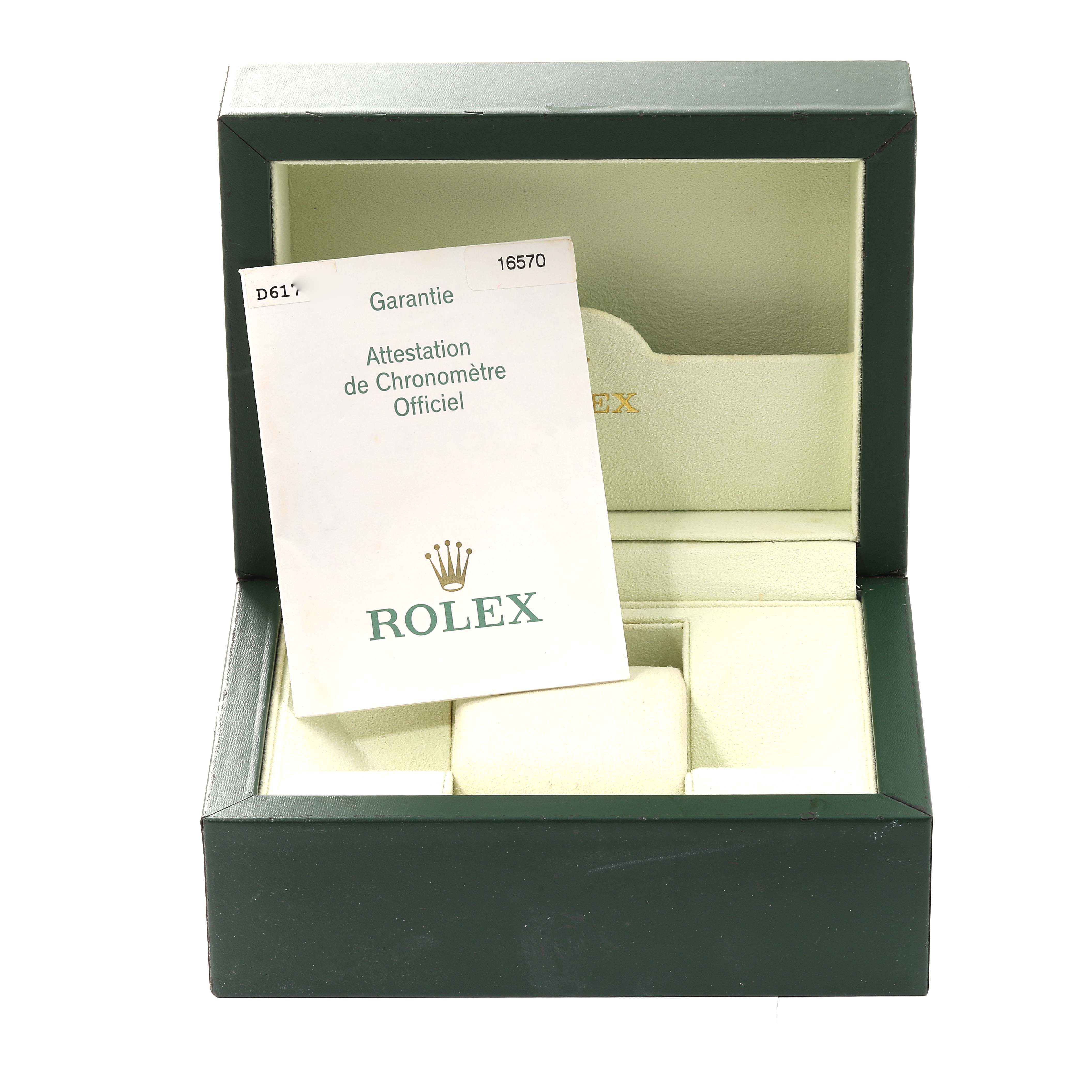 A Rolex Explorer 16570 Men's Stainless Steel Black Dial 16570 Men's Stainless Steel Black Dial watch box with a warranty card partially inserted, viewed from the front.