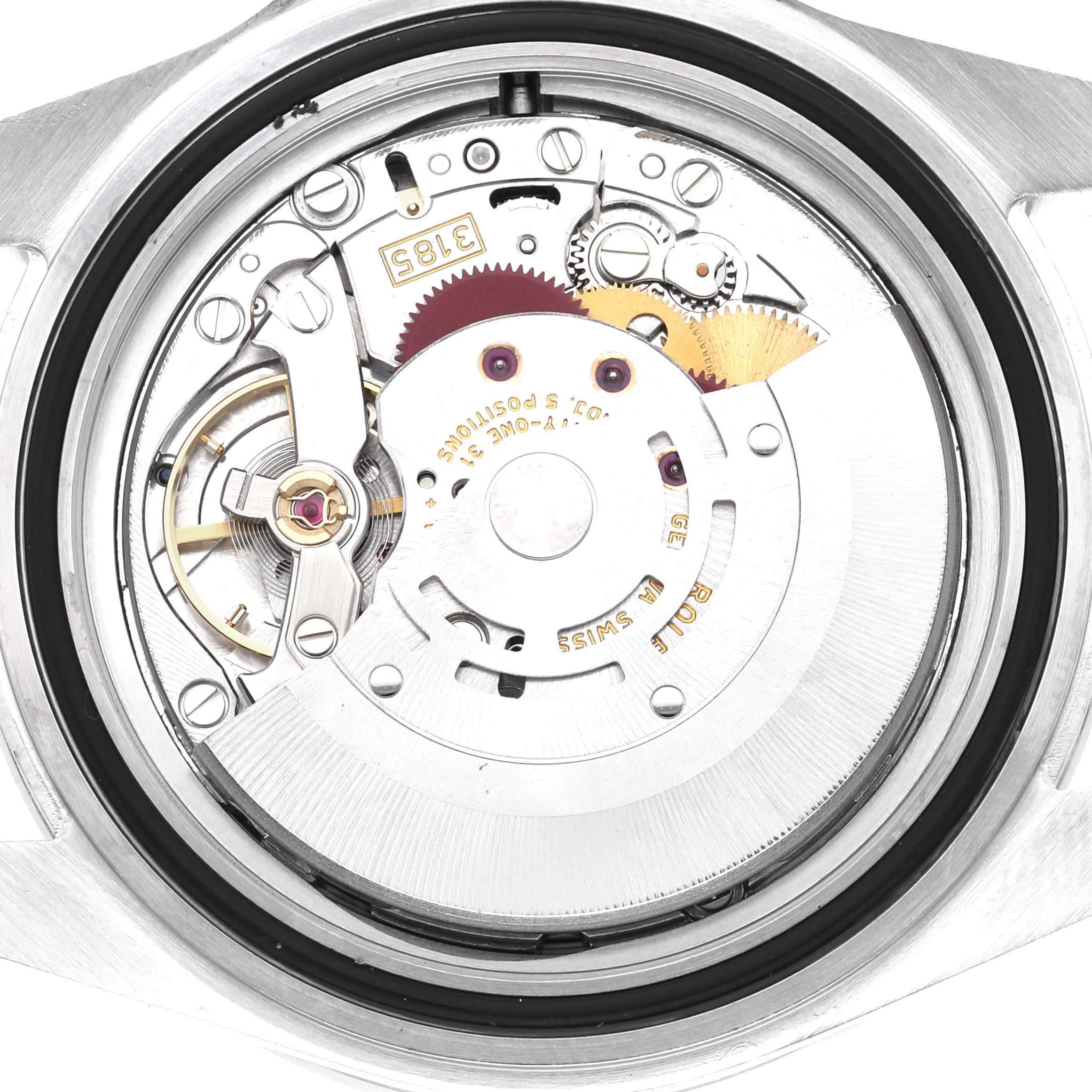 This image shows the internal mechanism of the Rolex Explorer 16570 Men's Stainless Steel Black Dial 16570 Men's Stainless Steel Black Dial watch, viewed from the back with its case removed.