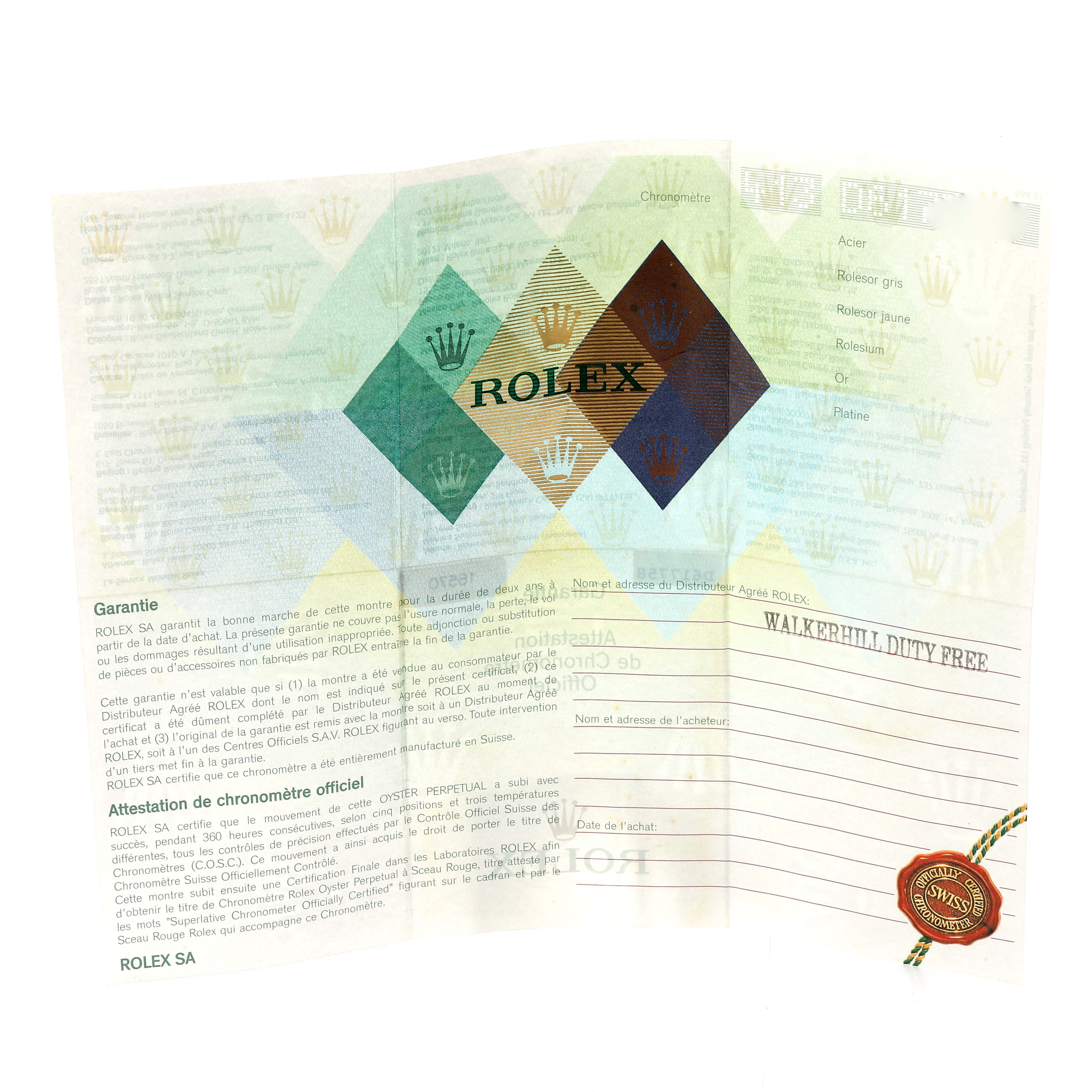 The image shows a warranty certificate and chronometer certification for a Rolex Explorer 16570 Men's Stainless Steel Black Dial 16570 Men's Stainless Steel Black Dial watch.