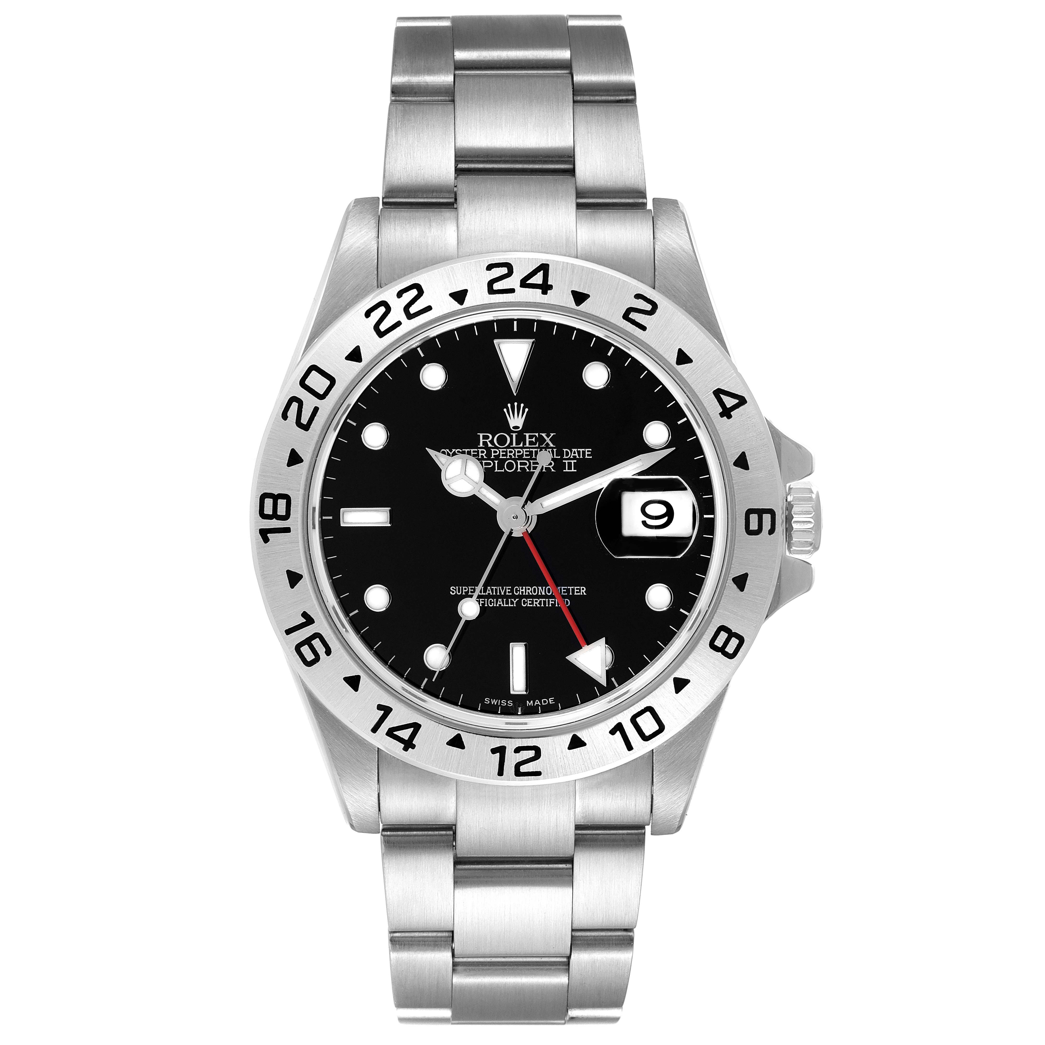 This image shows a frontal view of the Rolex Explorer 16570 Men's Stainless Steel Black Dial 16570 Men's Stainless Steel Black Dial watch, highlighting its dial, bezel, bracelet, and the date window.