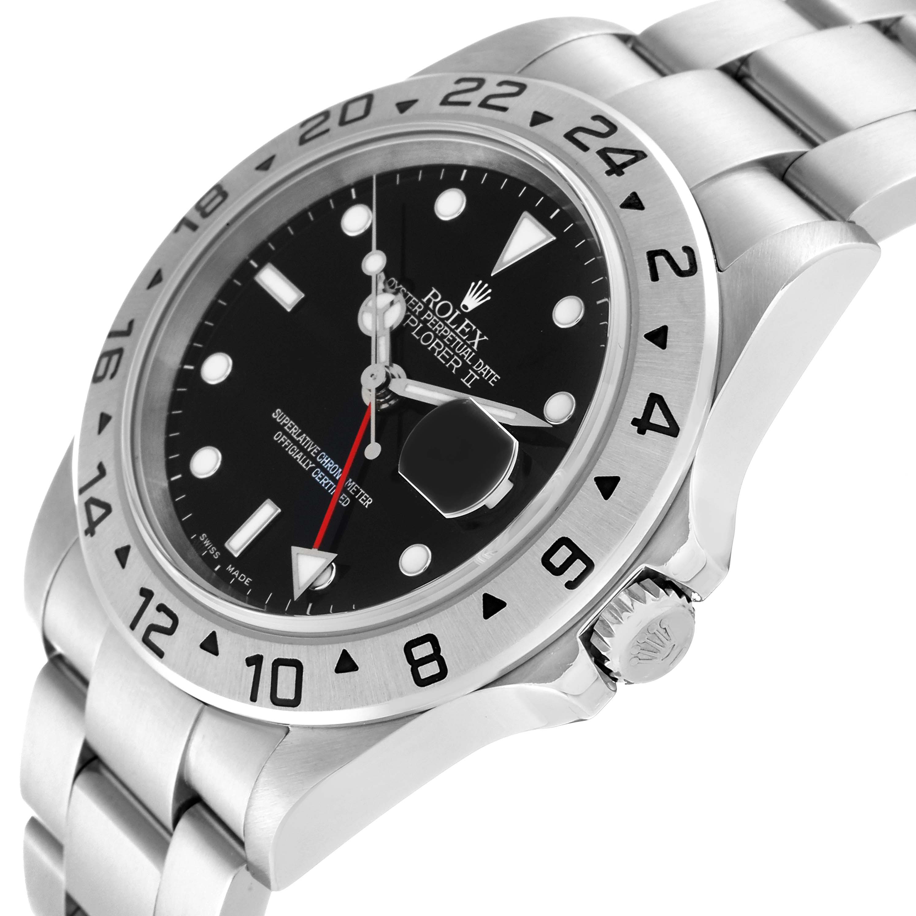 The Rolex Explorer 16570 Men's Stainless Steel Black Dial 16570 Men's Stainless Steel Black Dial watch is shown at an angle highlighting the face, bezel, crown, and part of the bracelet.