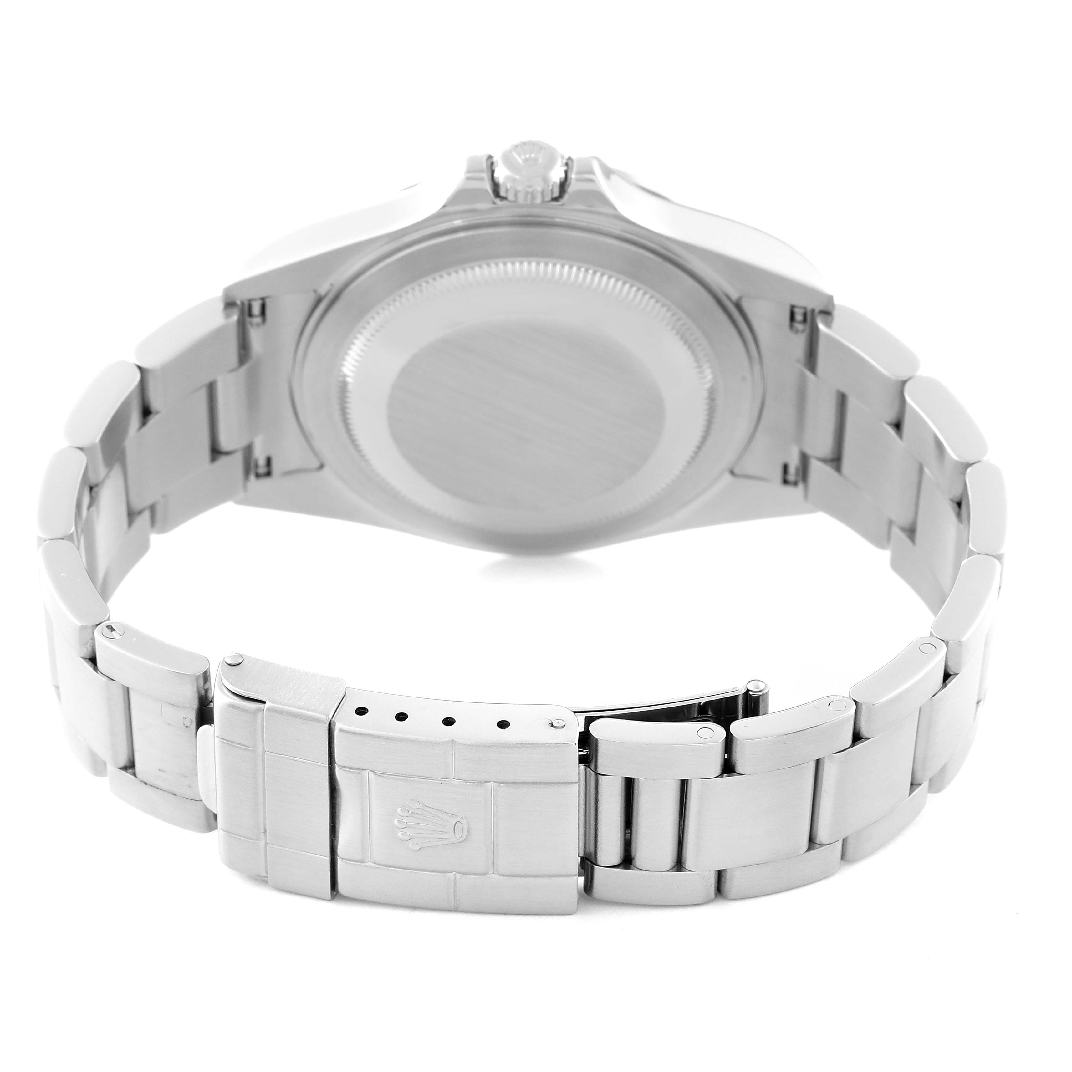 The image shows the back of a Rolex Explorer 16570 Men's Stainless Steel Black Dial 16570 Men's Stainless Steel Black Dial watch, highlighting the case back, bracelet, and clasp.