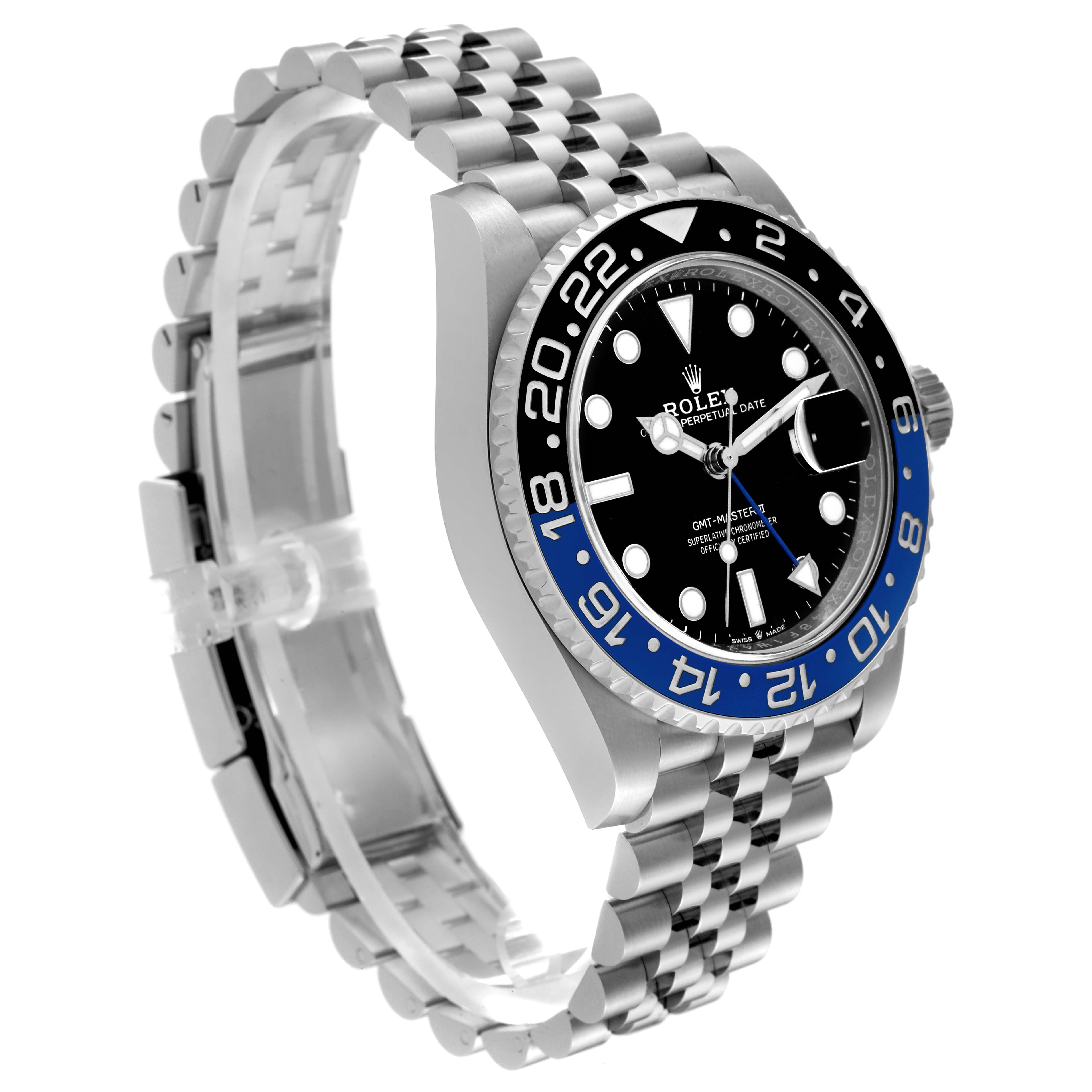 This image shows a side angle of the Rolex GMT-Master 126710 Men's Stainless Steel Black Dial 126710 Men's Stainless Steel Black Dial watch, highlighting the face, bezel, crown, and part of the bracelet.