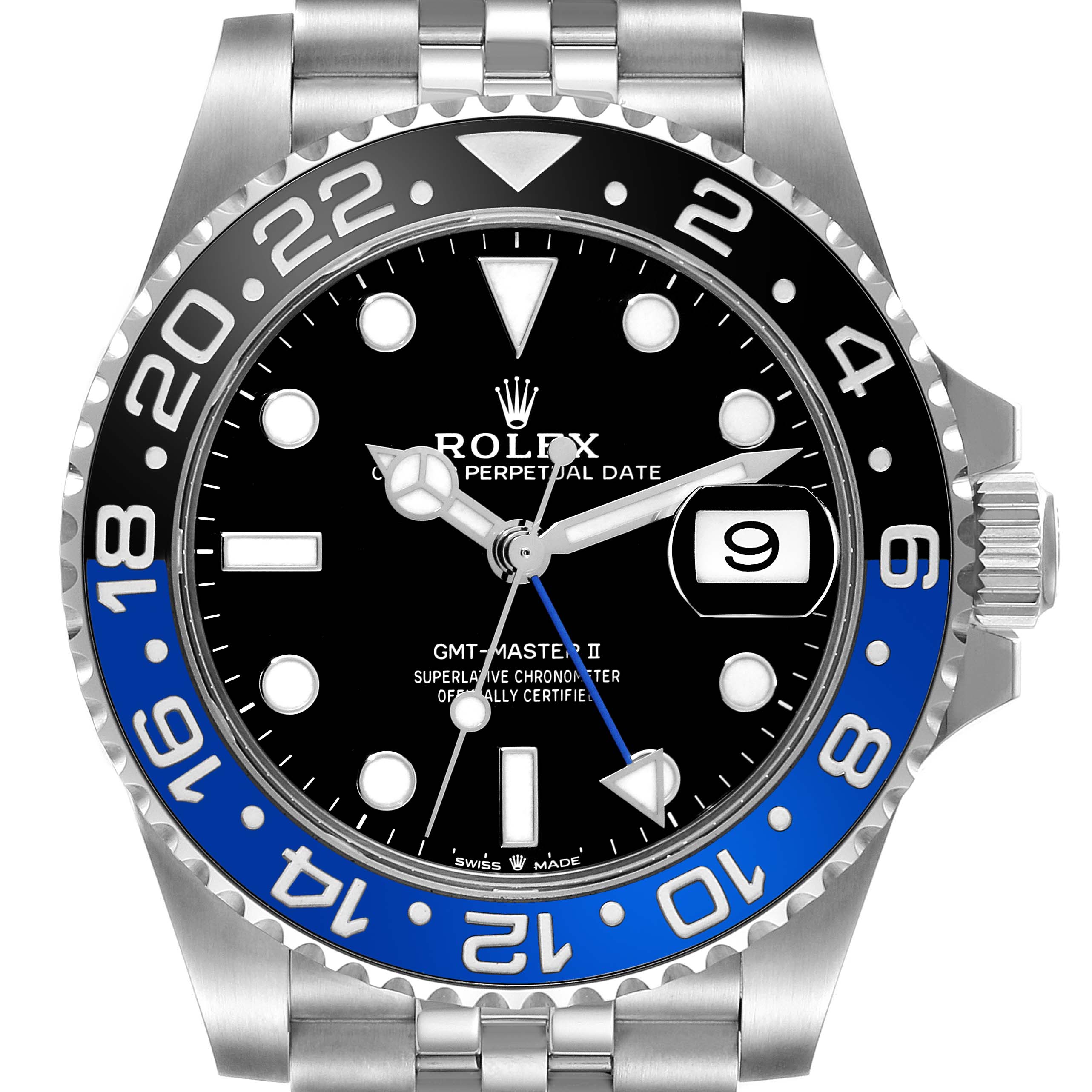 The image shows a front view of the Rolex GMT-Master 126710 Men's Stainless Steel Black Dial 126710 Men's Stainless Steel Black Dial II watch, highlighting its bezel, dial, and bracelet.