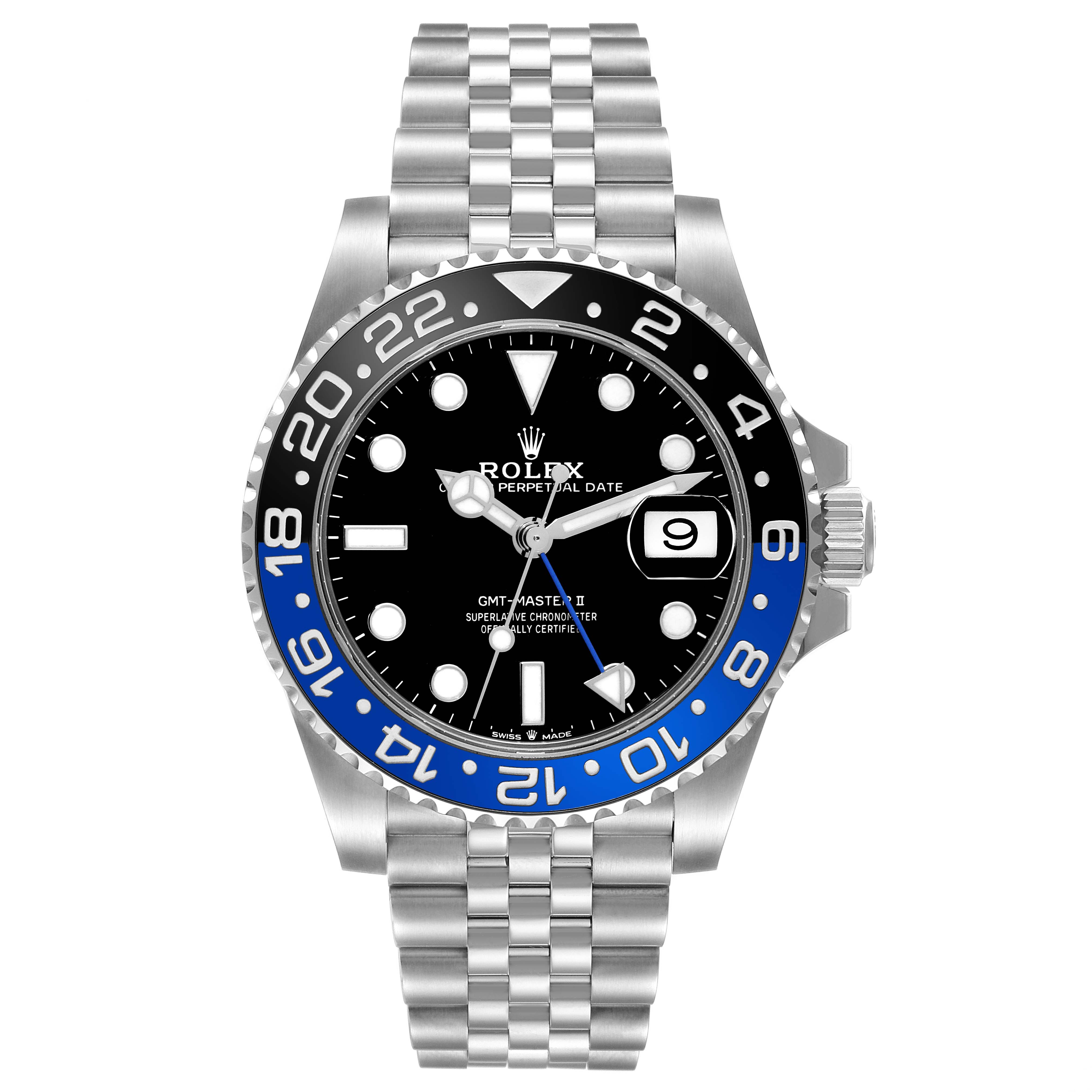 The image shows a front view of a Rolex GMT-Master 126710 Men's Stainless Steel Black Dial 126710 Men's Stainless Steel Black Dial watch, featuring a black and blue bezel and a silver Jubilee bracelet.