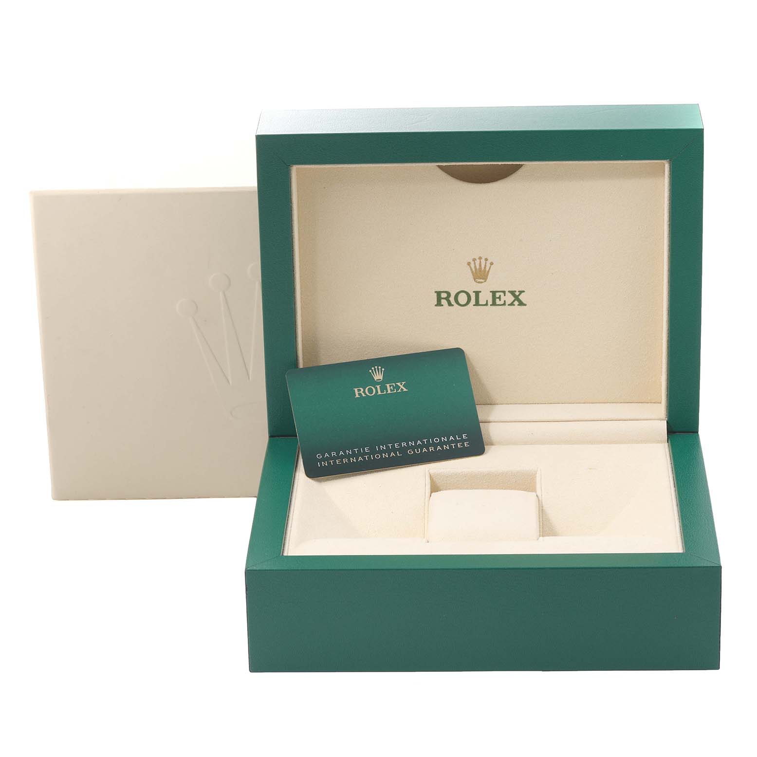 The image shows the open packaging box of a Rolex GMT-Master 126710 Men's Stainless Steel Black Dial 126710 Men's Stainless Steel Black Dial, containing a guarantee card.