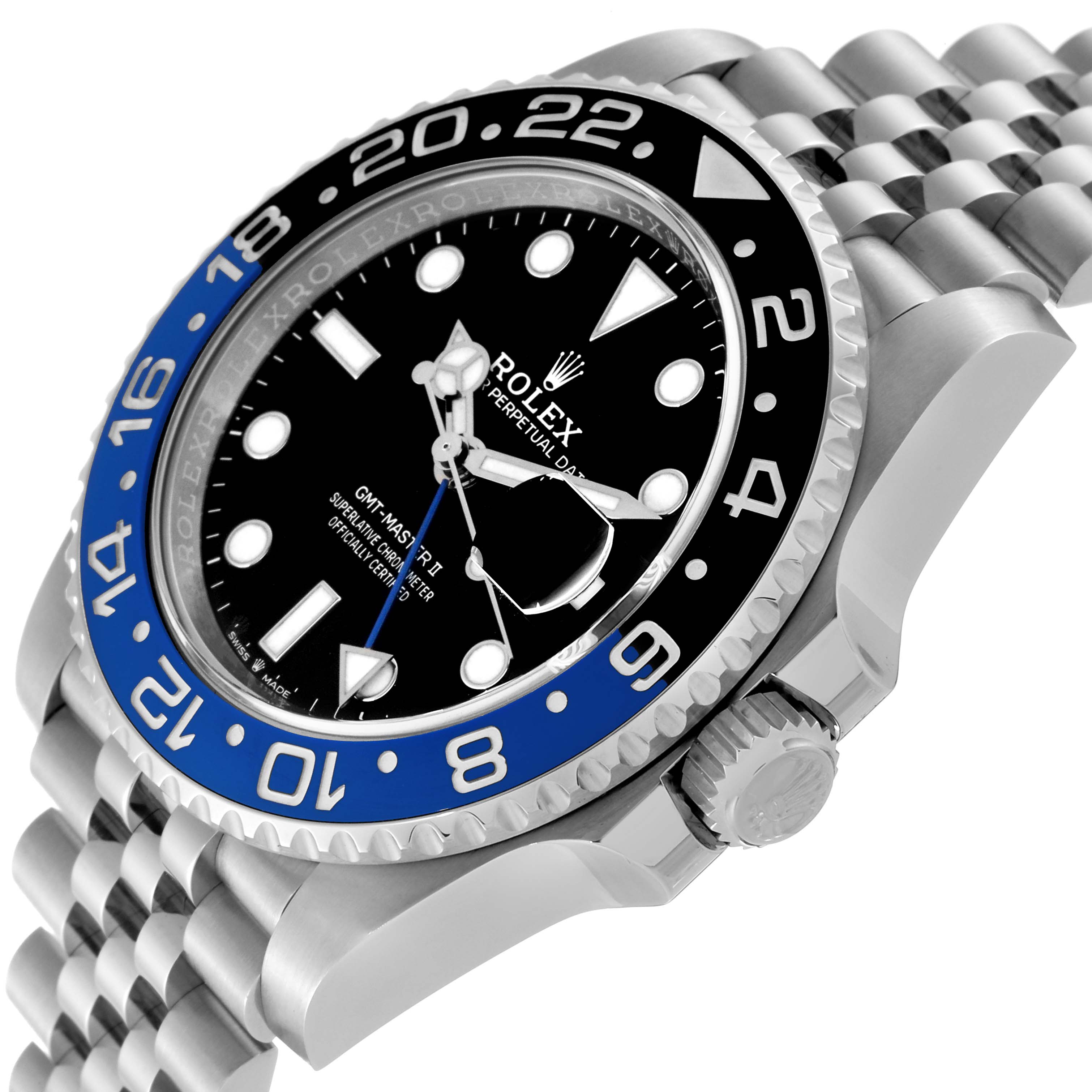 The image shows a side angle of the Rolex GMT-Master 126710 Men's Stainless Steel Black Dial 126710 Men's Stainless Steel Black Dial II watch, highlighting the bezel, dial, and part of the bracelet.