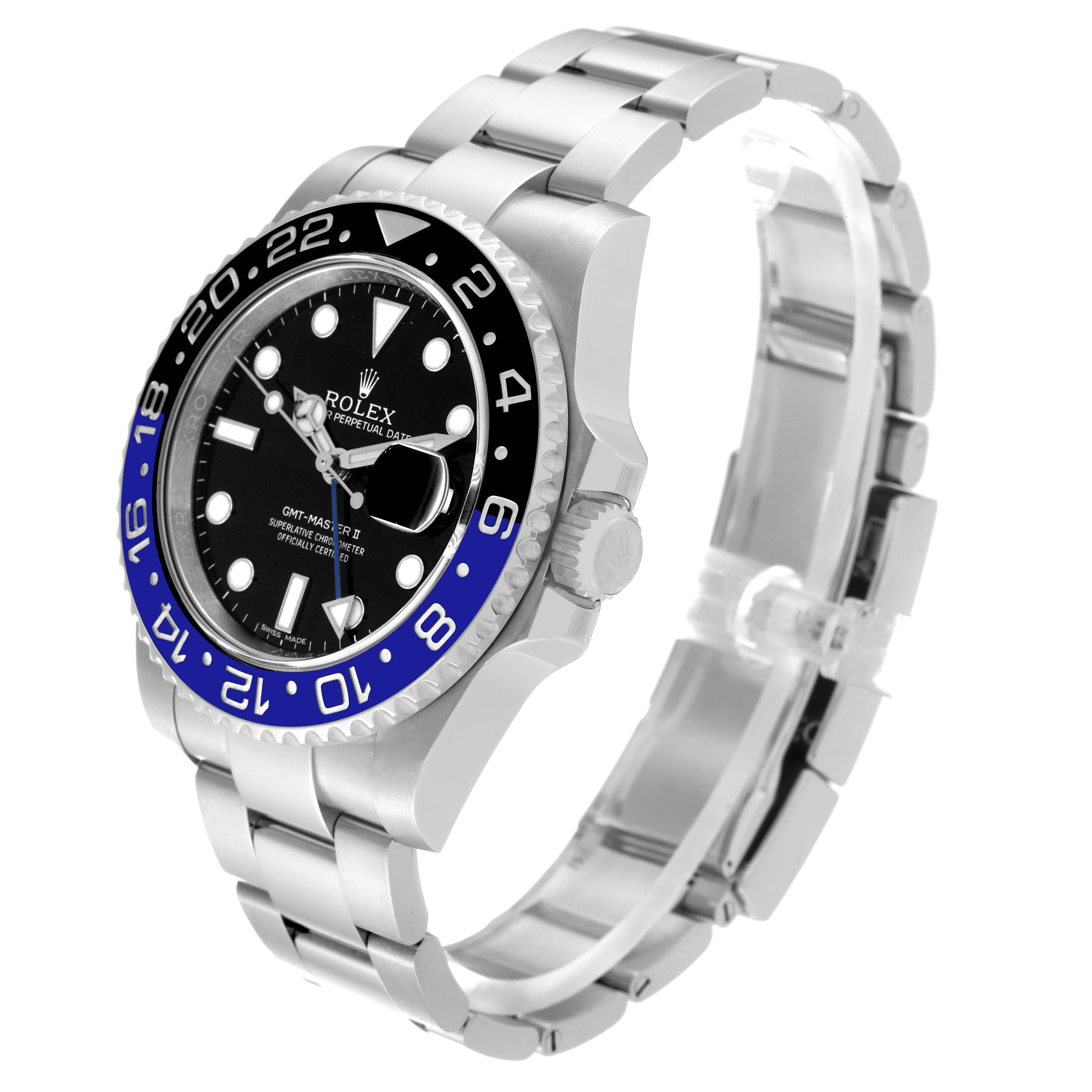 This image shows a Rolex GMT-Master 116710 Men
s Stainless Steel Black Dial 116710 Men
s Stainless Steel Black Dial watch angled to display the face, bezel, crown, and bracelet.