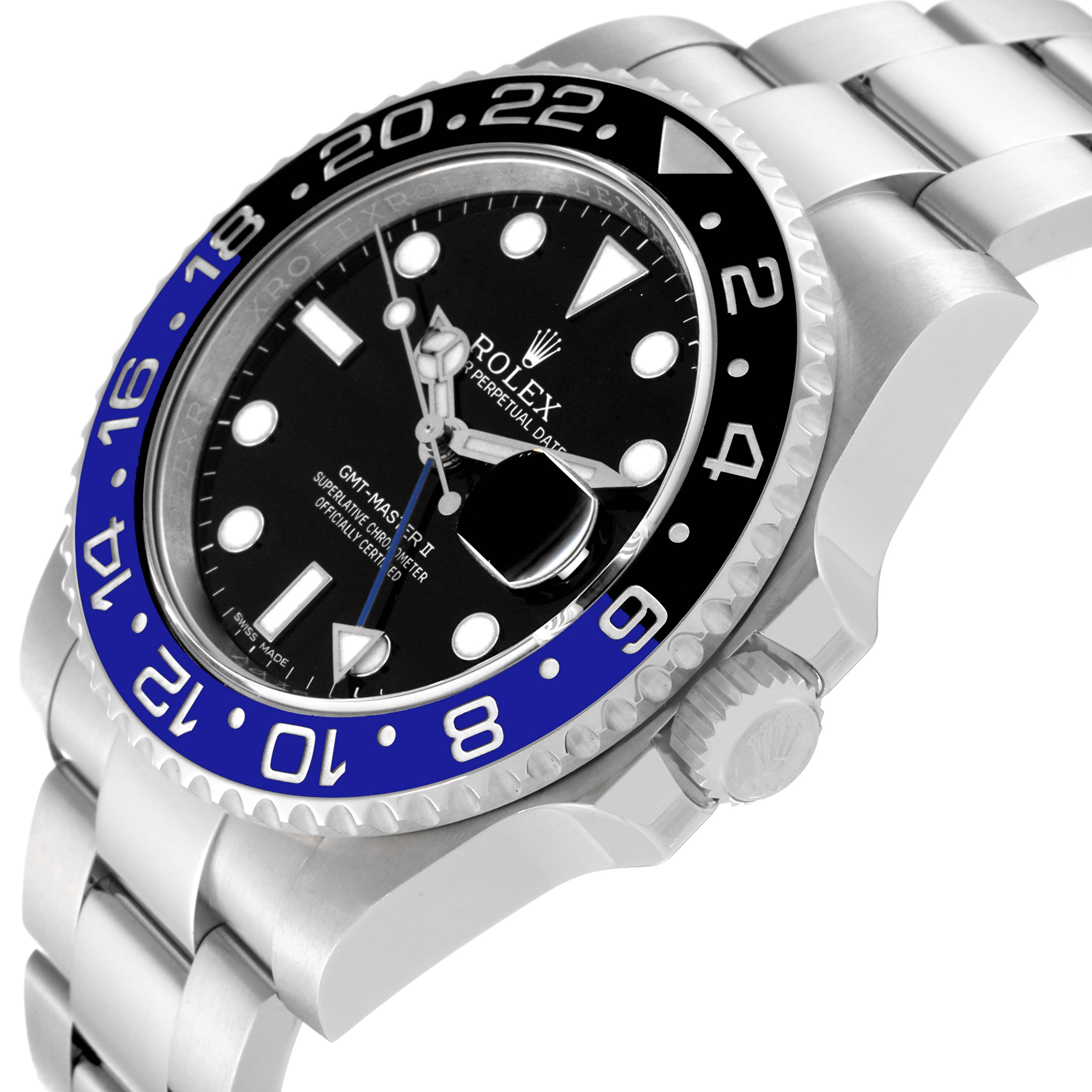 The image shows a close-up angled view of the Rolex GMT-Master 116710 Men
s Stainless Steel Black Dial 116710 Men
s Stainless Steel Black Dial watch, focusing on the bezel, dial, and bracelet.