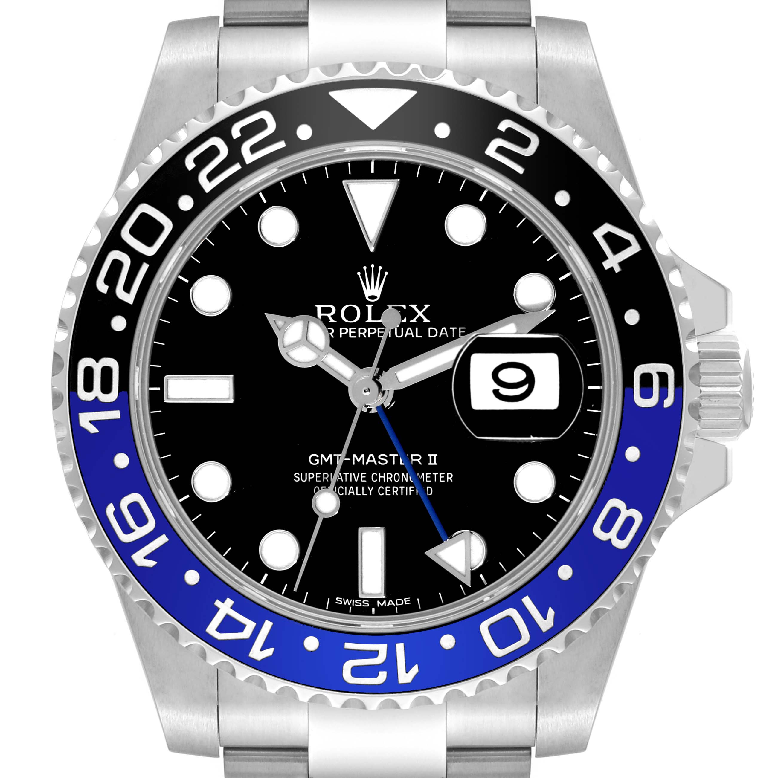 This is a front view of a Rolex GMT-Master 116710 Men
s Stainless Steel Black Dial 116710 Men
s Stainless Steel Black Dial II watch, showcasing the bezel, dial, hands, and date window.