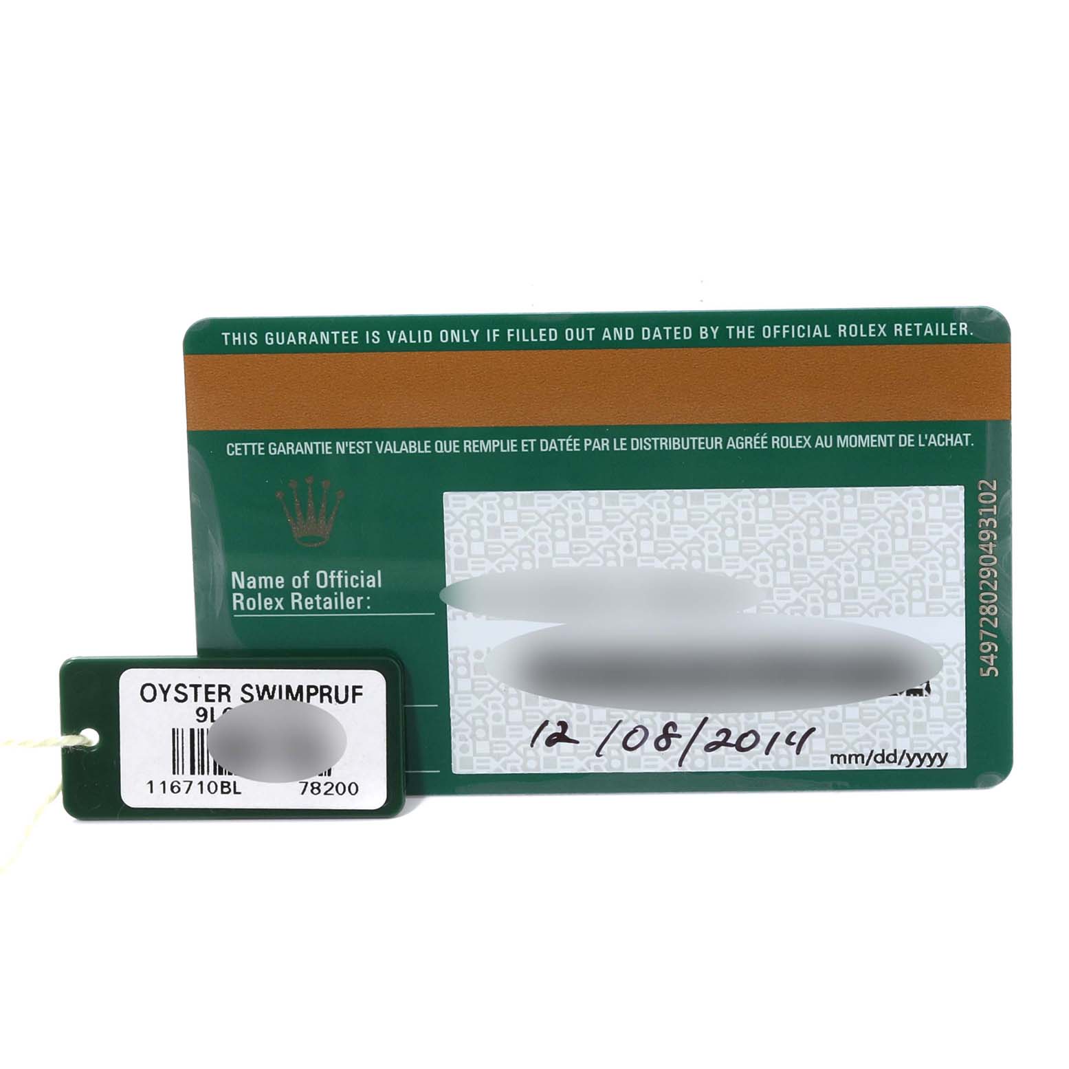 This image shows a Rolex GMT-Master 116710 Men
s Stainless Steel Black Dial 116710 Men
s Stainless Steel Black Dial warranty card and an Oyster Swimpruf tag with model and serial numbers.