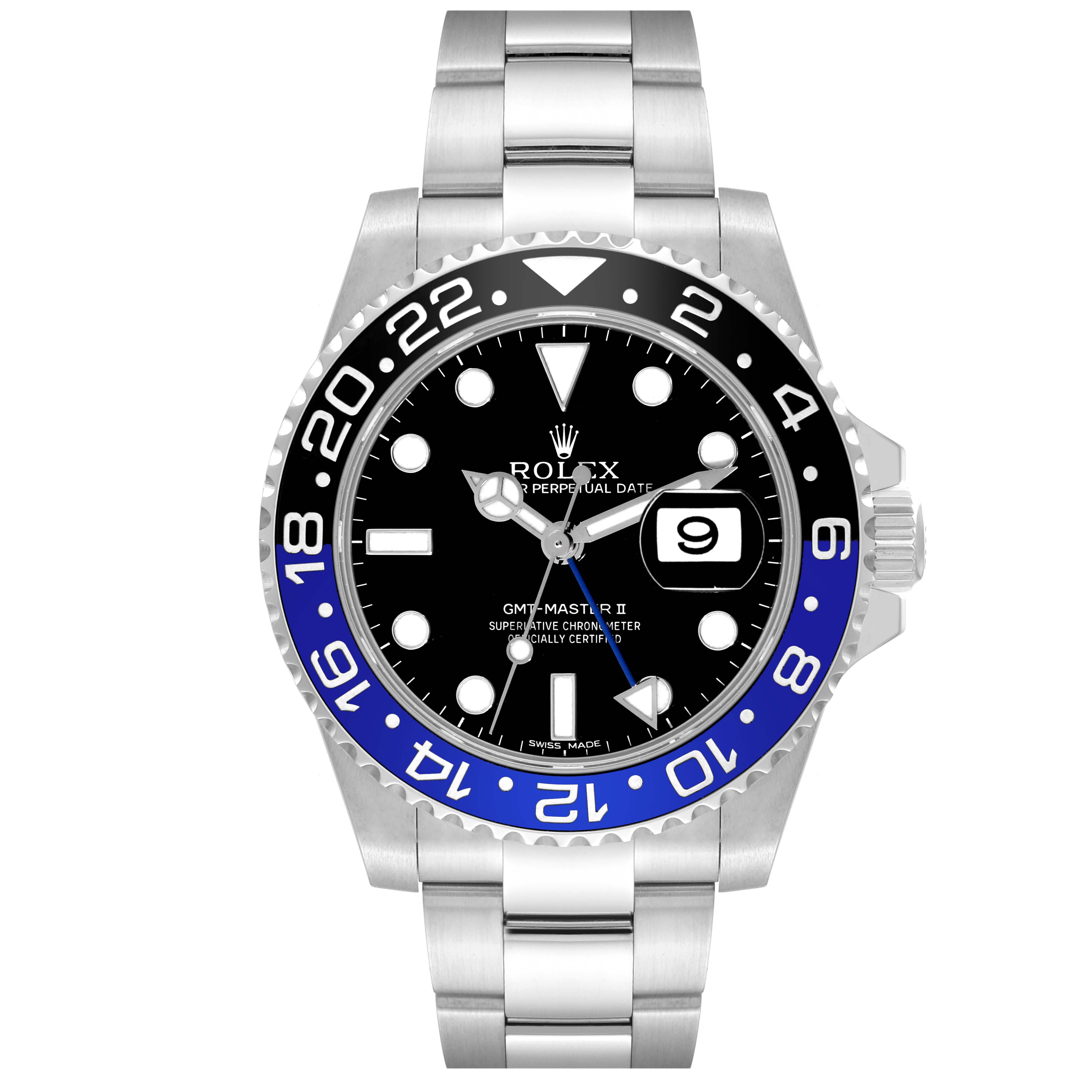The Rolex GMT-Master 116710 Men
s Stainless Steel Black Dial 116710 Men
s Stainless Steel Black Dial II watch is shown from a top-down angle, highlighting the bezel, dial, and metal bracelet.