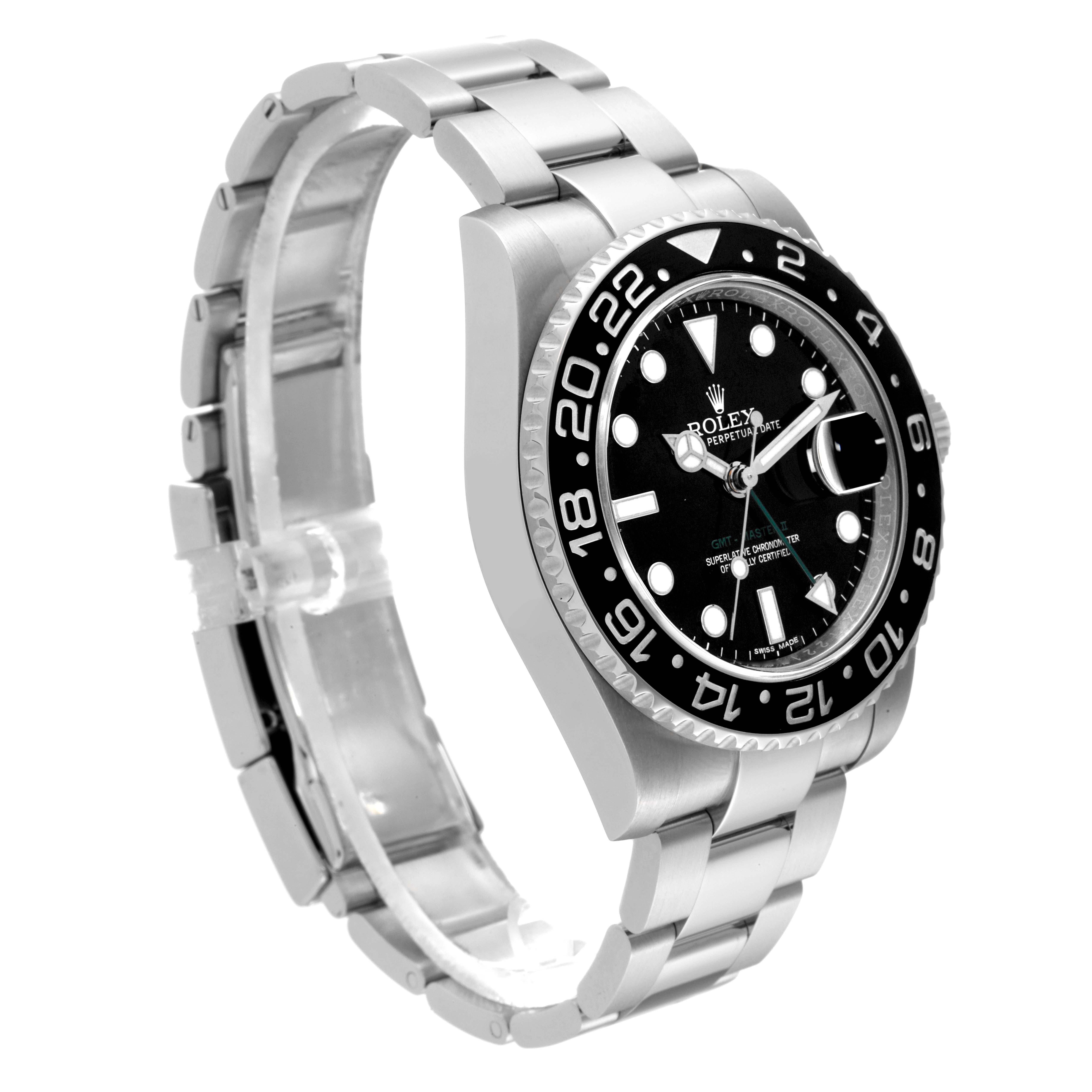 This Rolex GMT-Master 116710 Men
s Stainless Steel Black Dial 116710 Men
s Stainless Steel Black Dial watch is shown at an angled side view, highlighting its face, bezel, lugs, and bracelet.