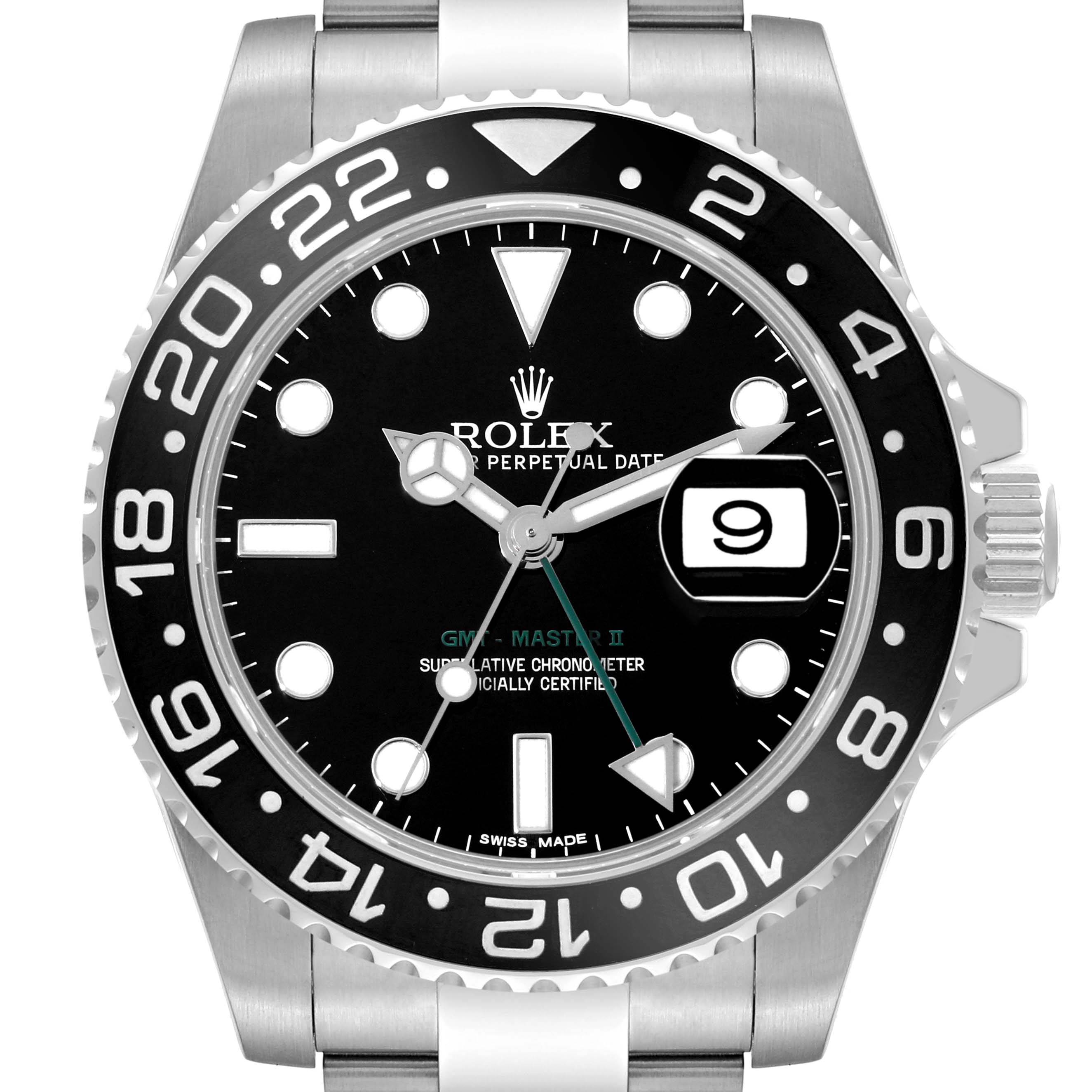 The image displays a front view of a Rolex GMT-Master 116710 Men
s Stainless Steel Black Dial 116710 Men
s Stainless Steel Black Dial II watch, showing the bezel, dial, and part of the bracelet.