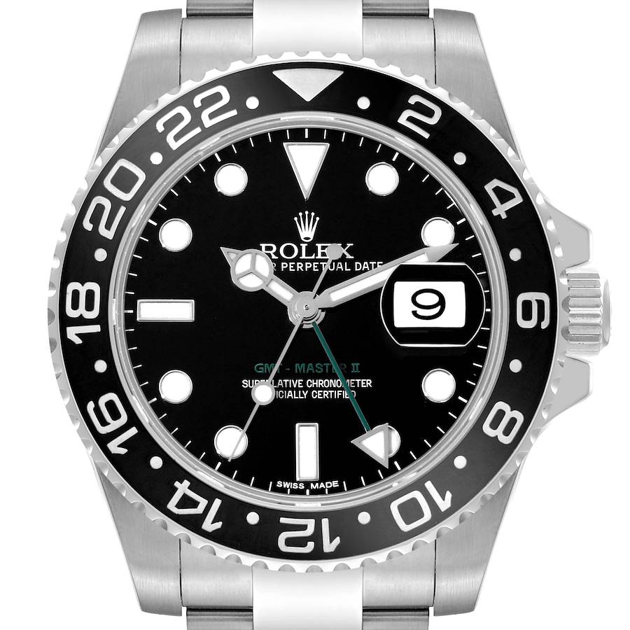 The image displays a front view of a Rolex GMT-Master II watch, showing the bezel, dial, and part of the bracelet.