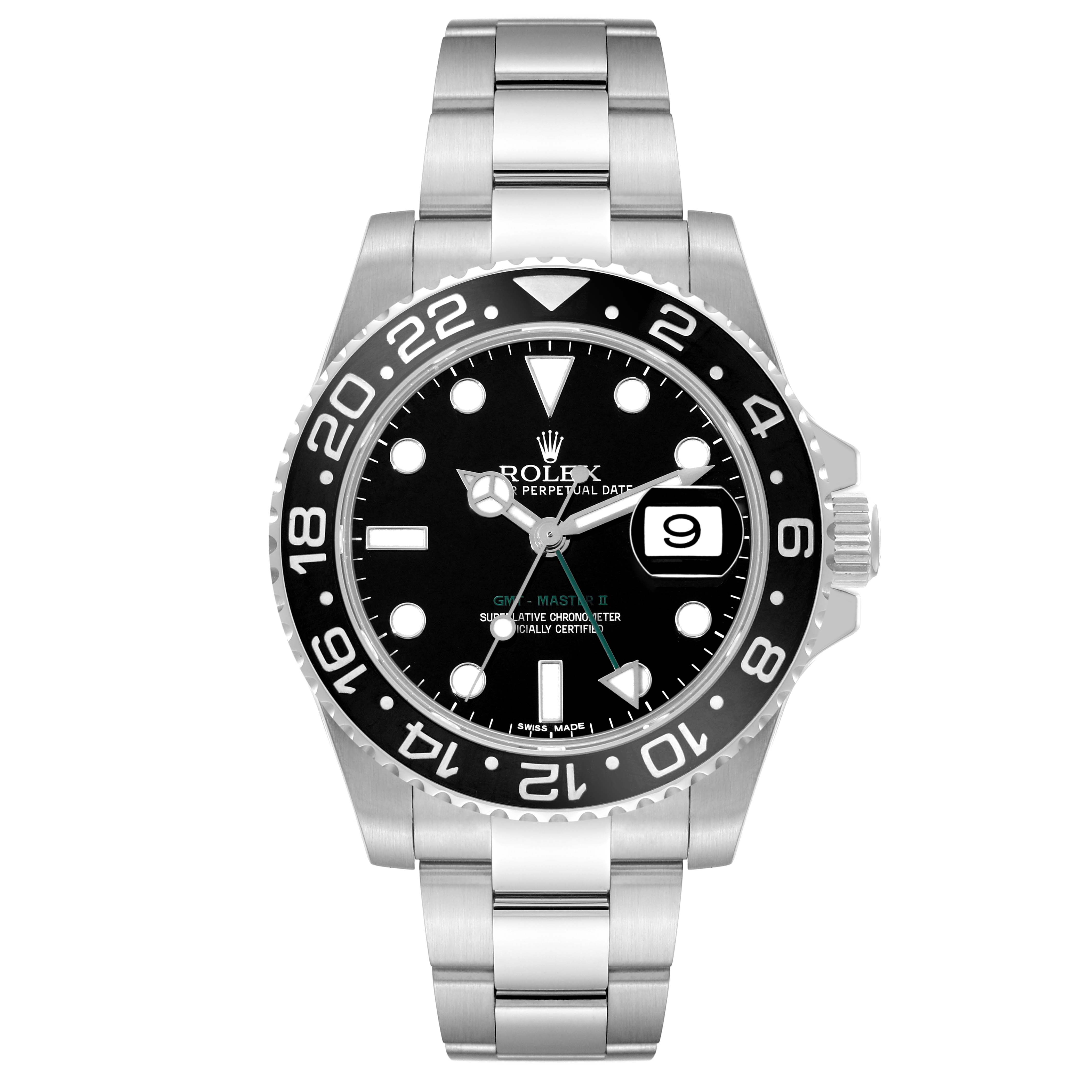 The image shows a front view of a Rolex GMT-Master 116710 Men
s Stainless Steel Black Dial 116710 Men
s Stainless Steel Black Dial watch, featuring a black dial, bezel, and stainless steel bracelet.
