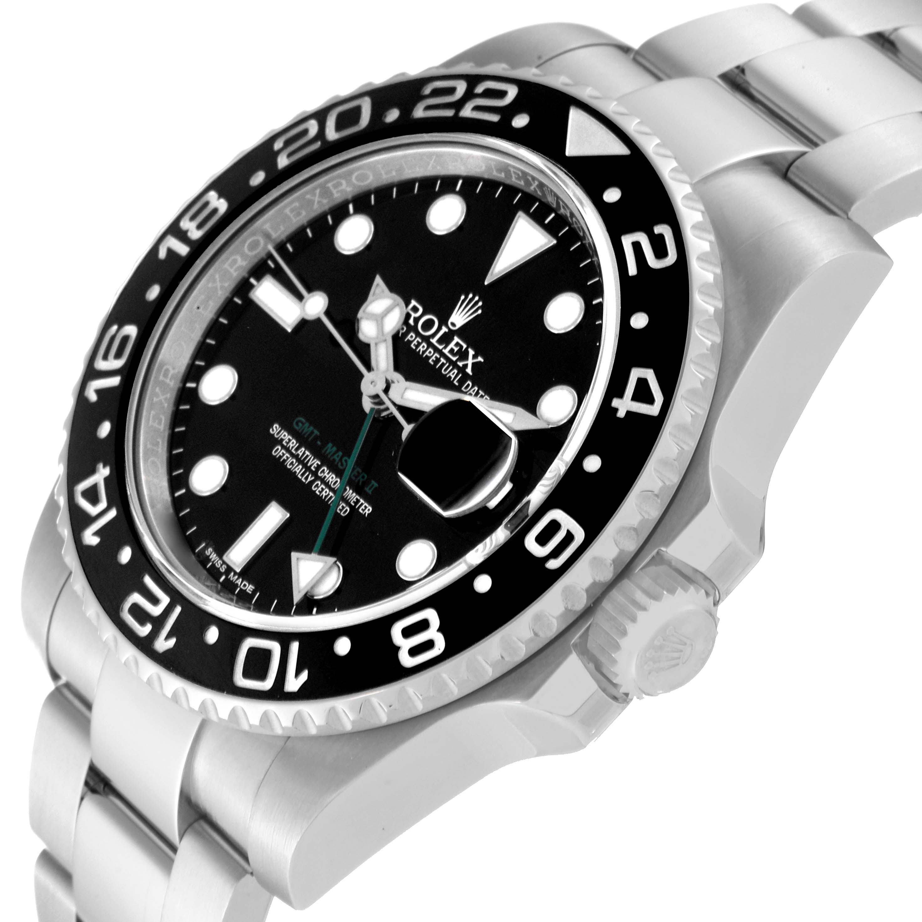 The image shows a close-up side angle of the Rolex GMT-Master 116710 Men
s Stainless Steel Black Dial 116710 Men
s Stainless Steel Black Dial watch, highlighting the bezel, crown, and bracelet.