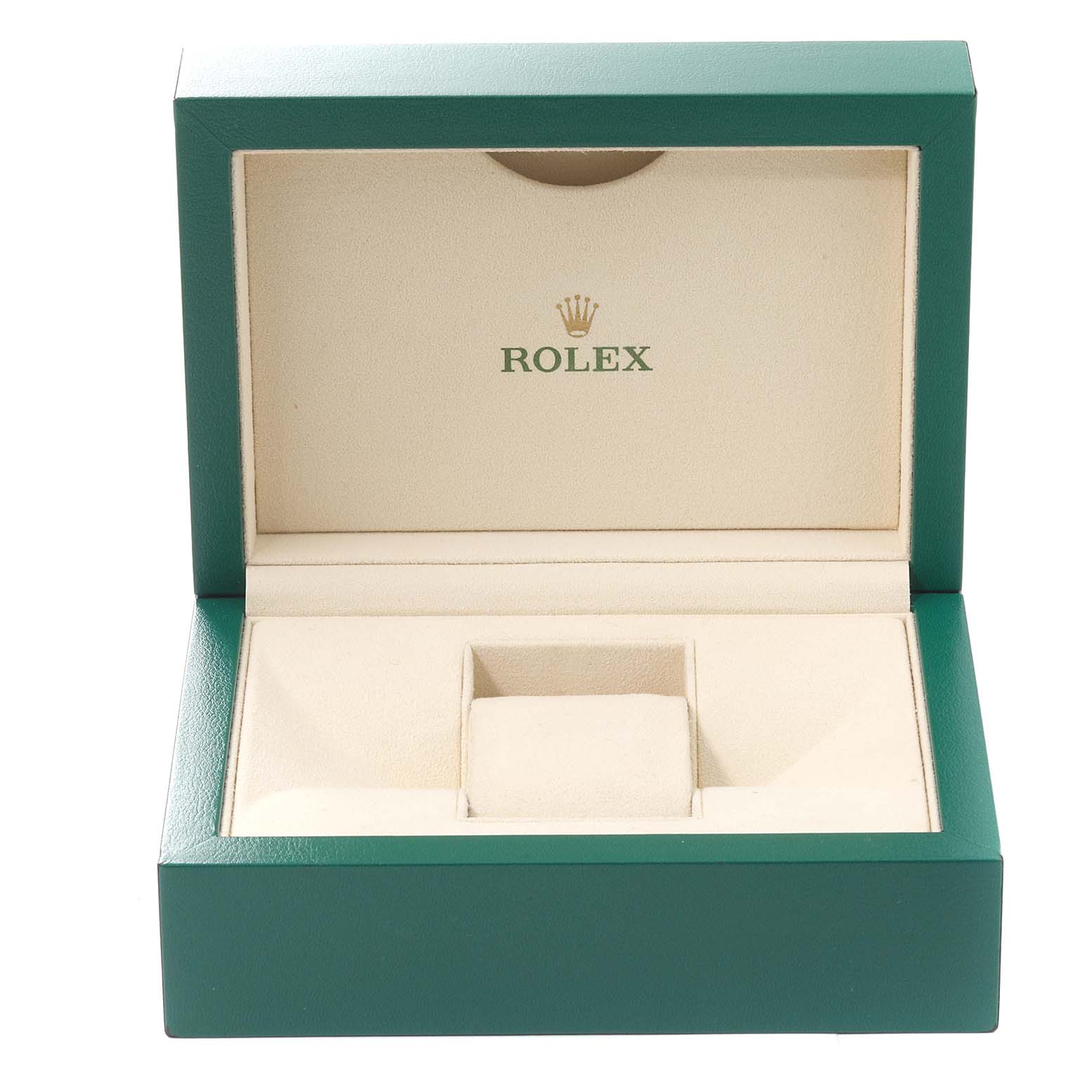 This image shows an open green Rolex box designed for the GMT-Master model watch.