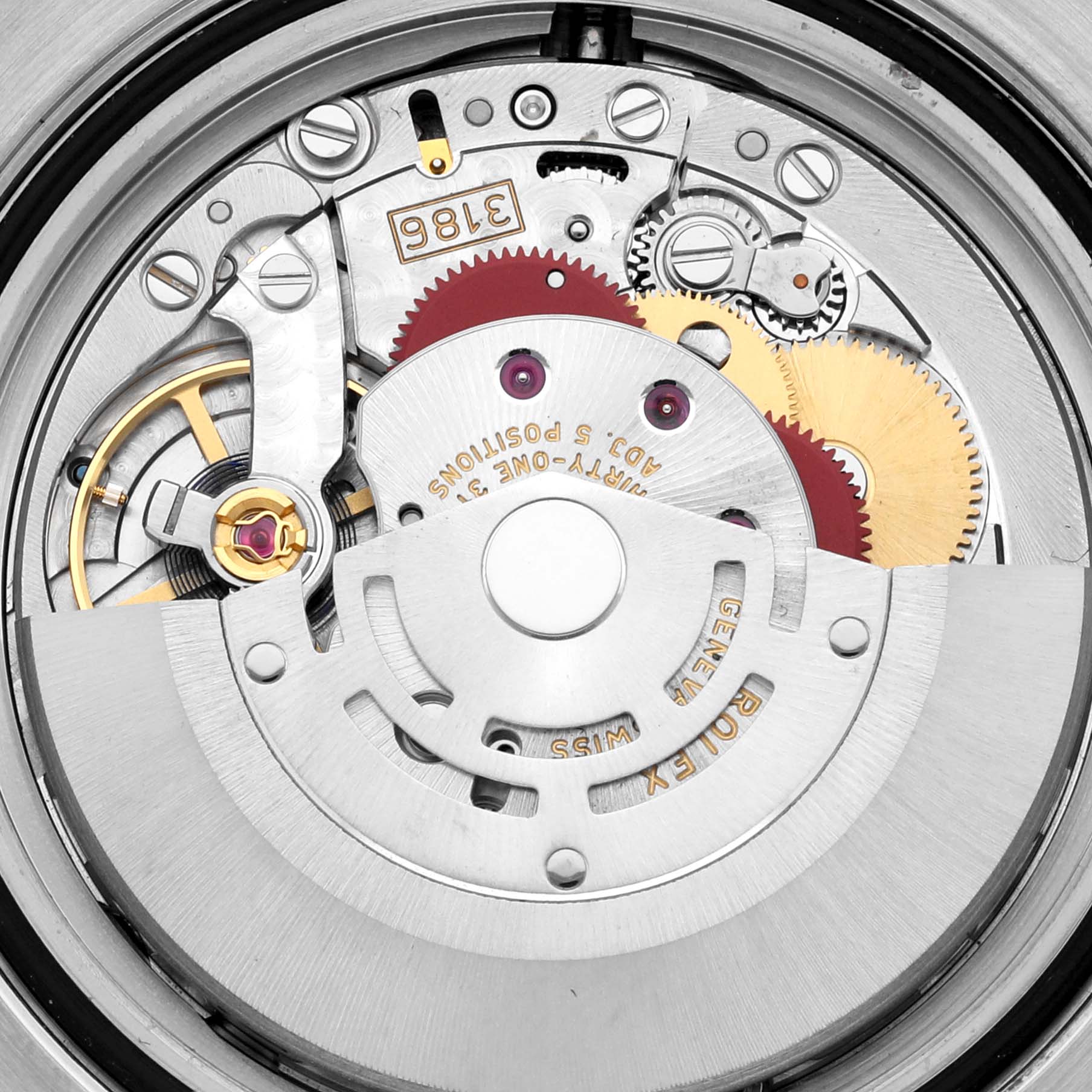 The image shows the intricate inner mechanism of the Rolex GMT-Master 116710 Men
s Stainless Steel Black Dial 116710 Men
s Stainless Steel Black Dial watch, highlighting gears and components.