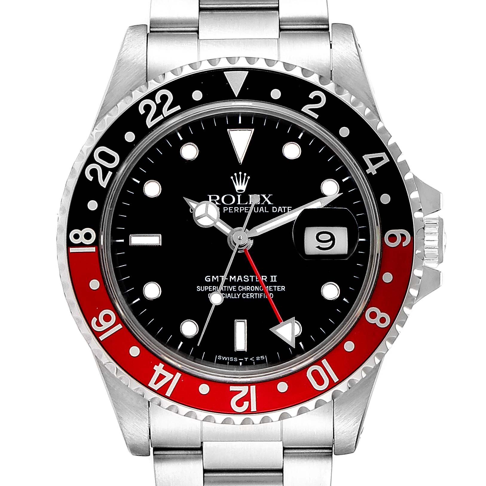 The image shows a front view of the Rolex GMT-Master 16710 Men's Stainless Steel Black Dial 16710 Men's Stainless Steel Black Dial II watch, highlighting its bezel, dial, hands, and bracelet.