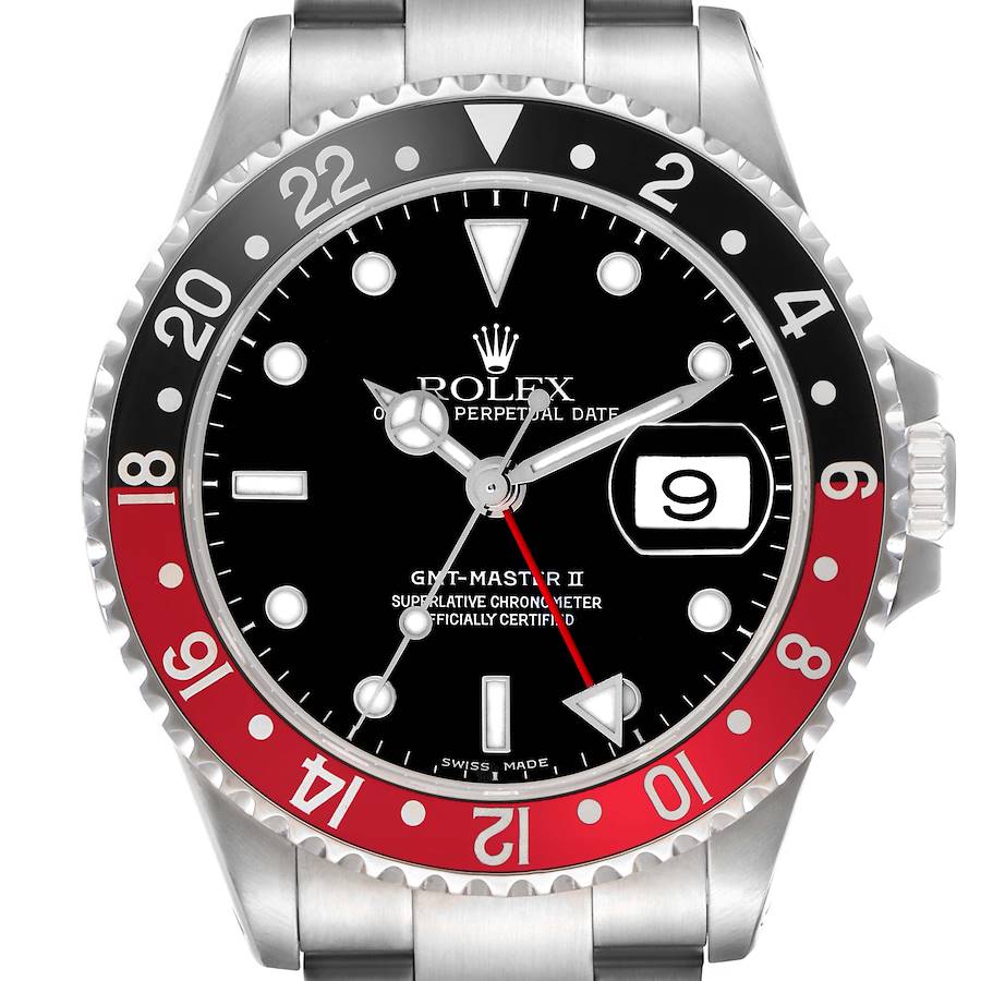 The Rolex GMT-Master watch is shown from the front, highlighting its dial, bezel, hands, and bracelet.
