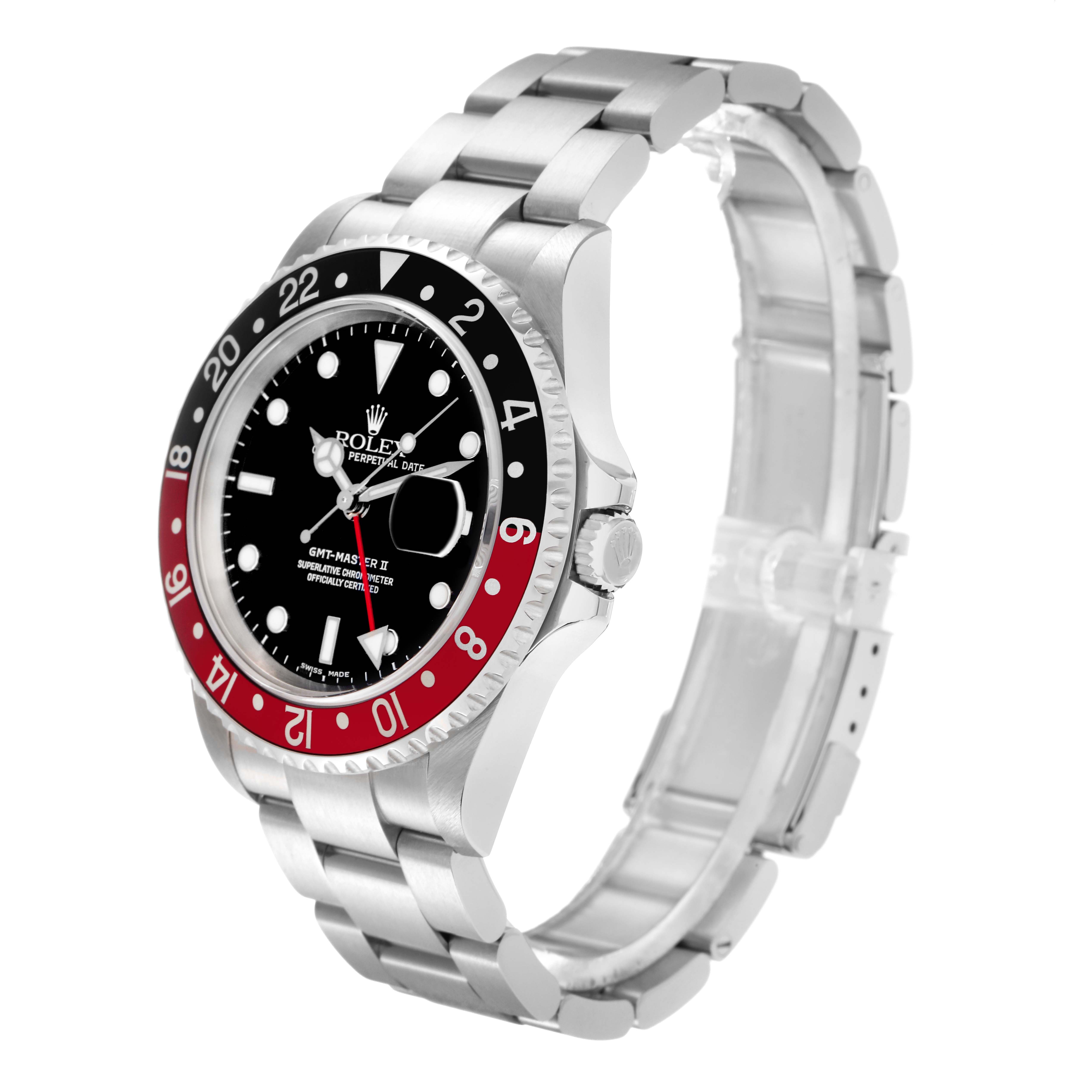The Rolex GMT-Master 16710 Men's Stainless Steel Black Dial 16710 Men's Stainless Steel Black Dial watch is shown at a three-quarter angle displaying the face, bezel, and bracelet.