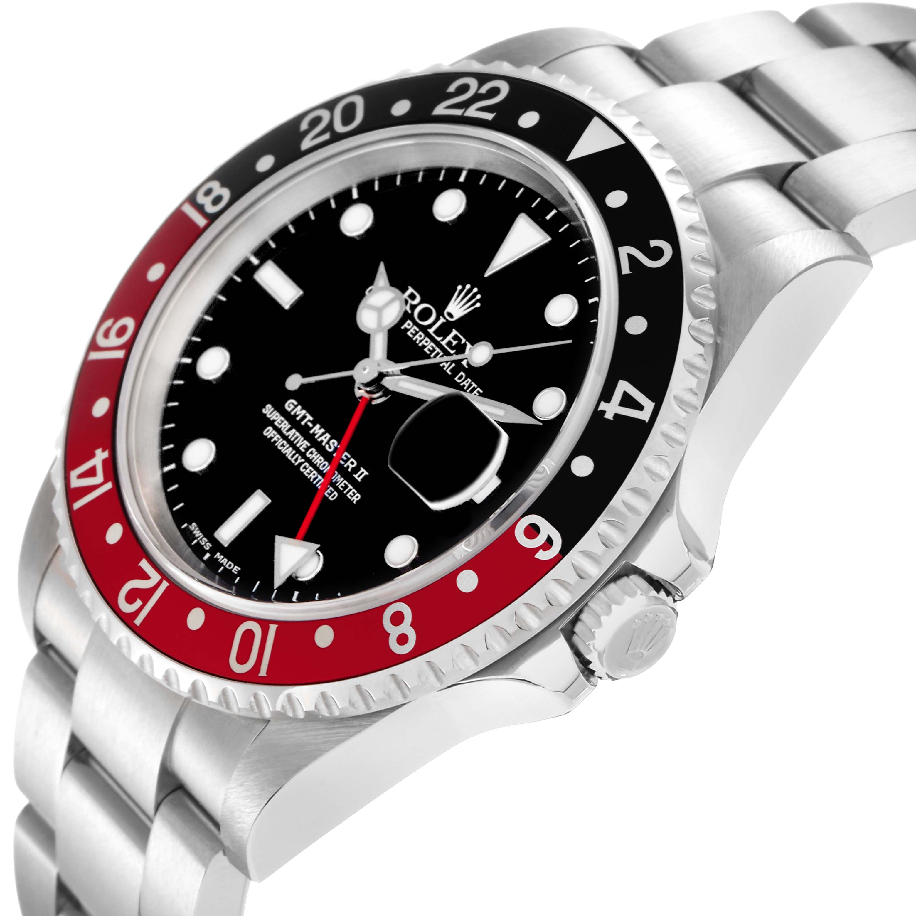 The Rolex GMT-Master 16710 Men's Stainless Steel Black Dial 16710 Men's Stainless Steel Black Dial II watch is shown at a side angle, highlighting its red and black bezel, dial, and part of the bracelet.