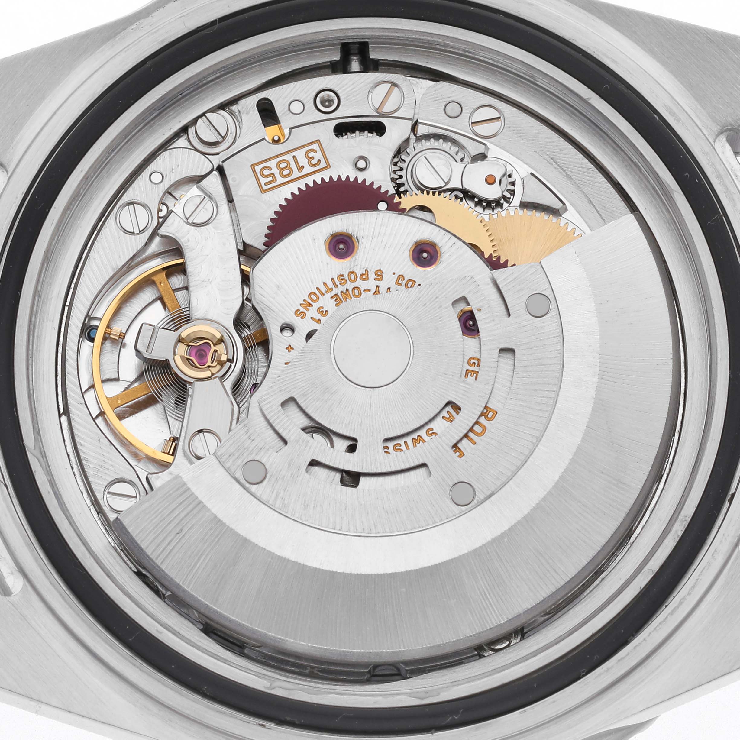 The image shows the inner mechanical movement of a Rolex GMT-Master 16710 Men's Stainless Steel Black Dial 16710 Men's Stainless Steel Black Dial watch from a rear angle highlighting the rotor and gears.