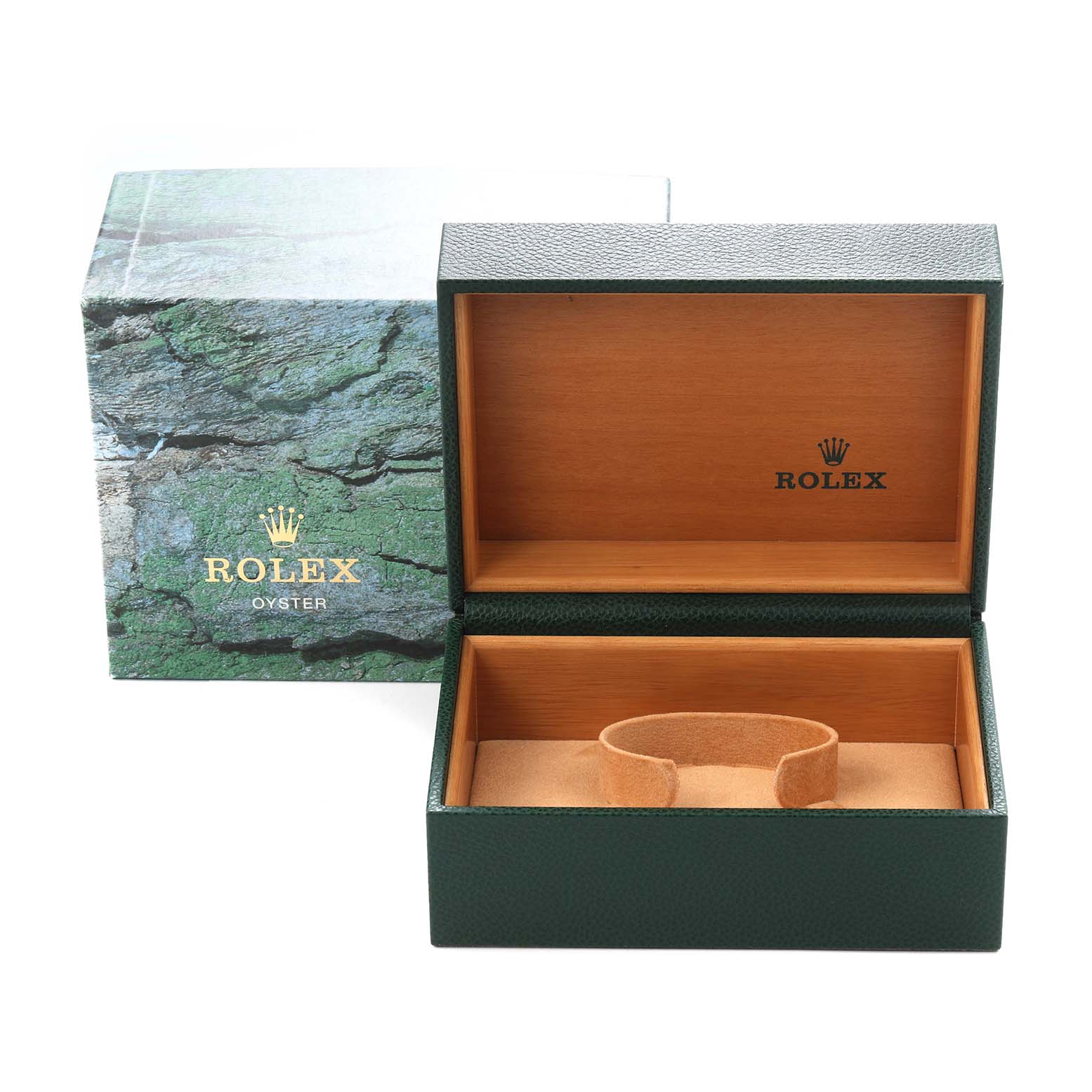 The image shows an open Rolex GMT-Master 16710 Men's Stainless Steel Black Dial 16710 Men's Stainless Steel Black Dial watch box with its outer packaging, revealing the interior cushion.