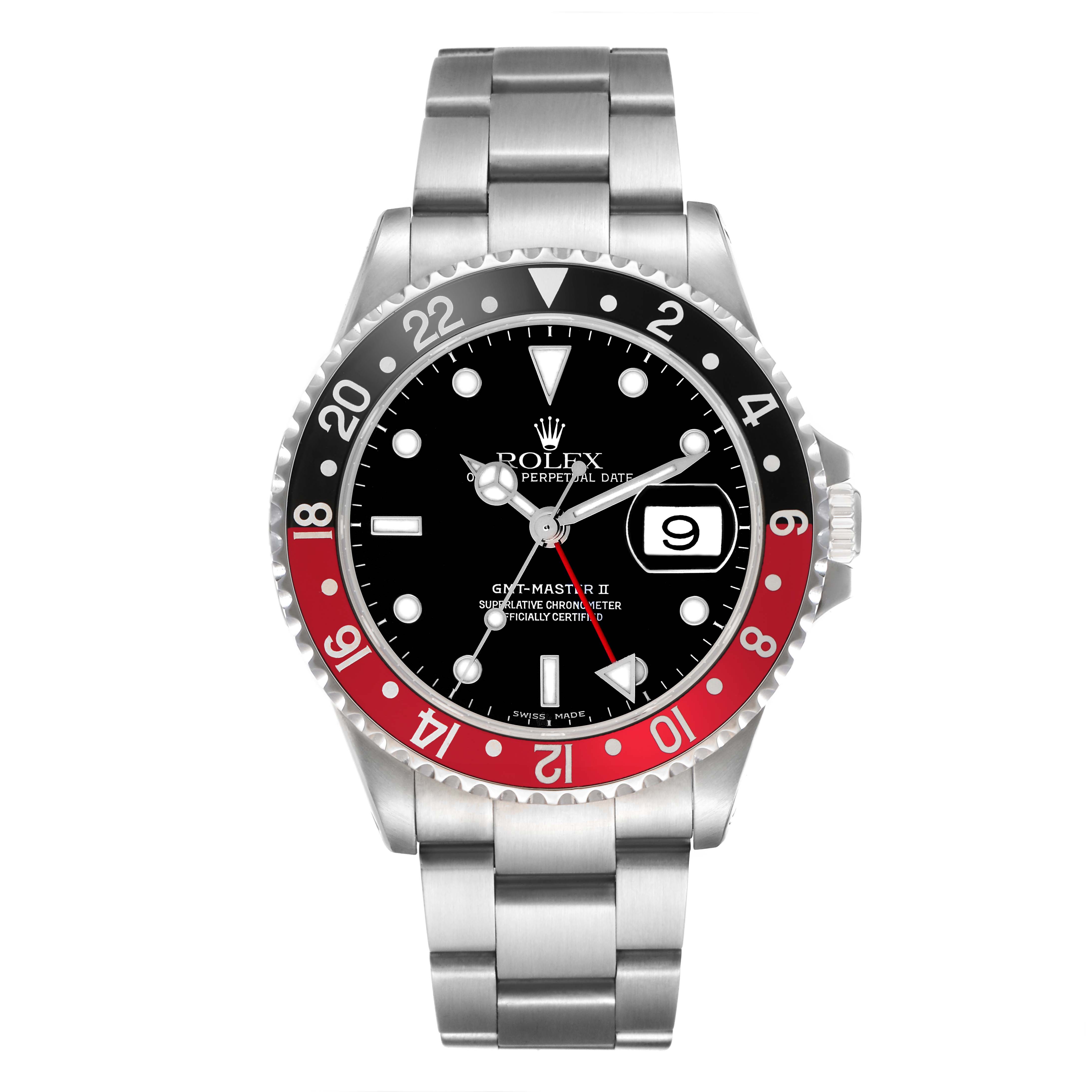 The Rolex GMT-Master 16710 Men's Stainless Steel Black Dial 16710 Men's Stainless Steel Black Dial watch is shown from a front angle, highlighting the dial, bezel, and bracelet.