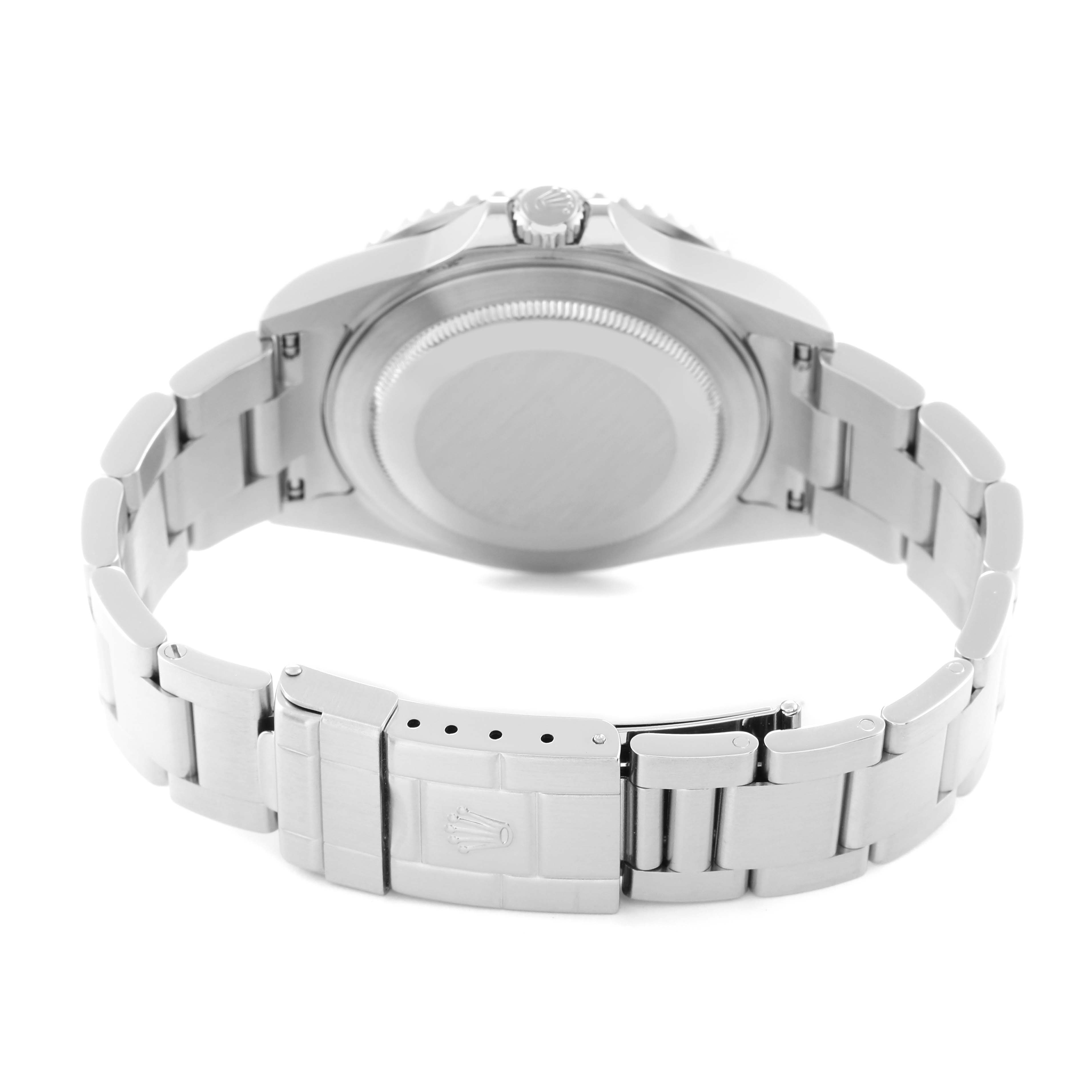 The image shows the back of a Rolex GMT-Master 16710 Men's Stainless Steel Black Dial 16710 Men's Stainless Steel Black Dial watch, highlighting the case back, bracelet, and clasp.