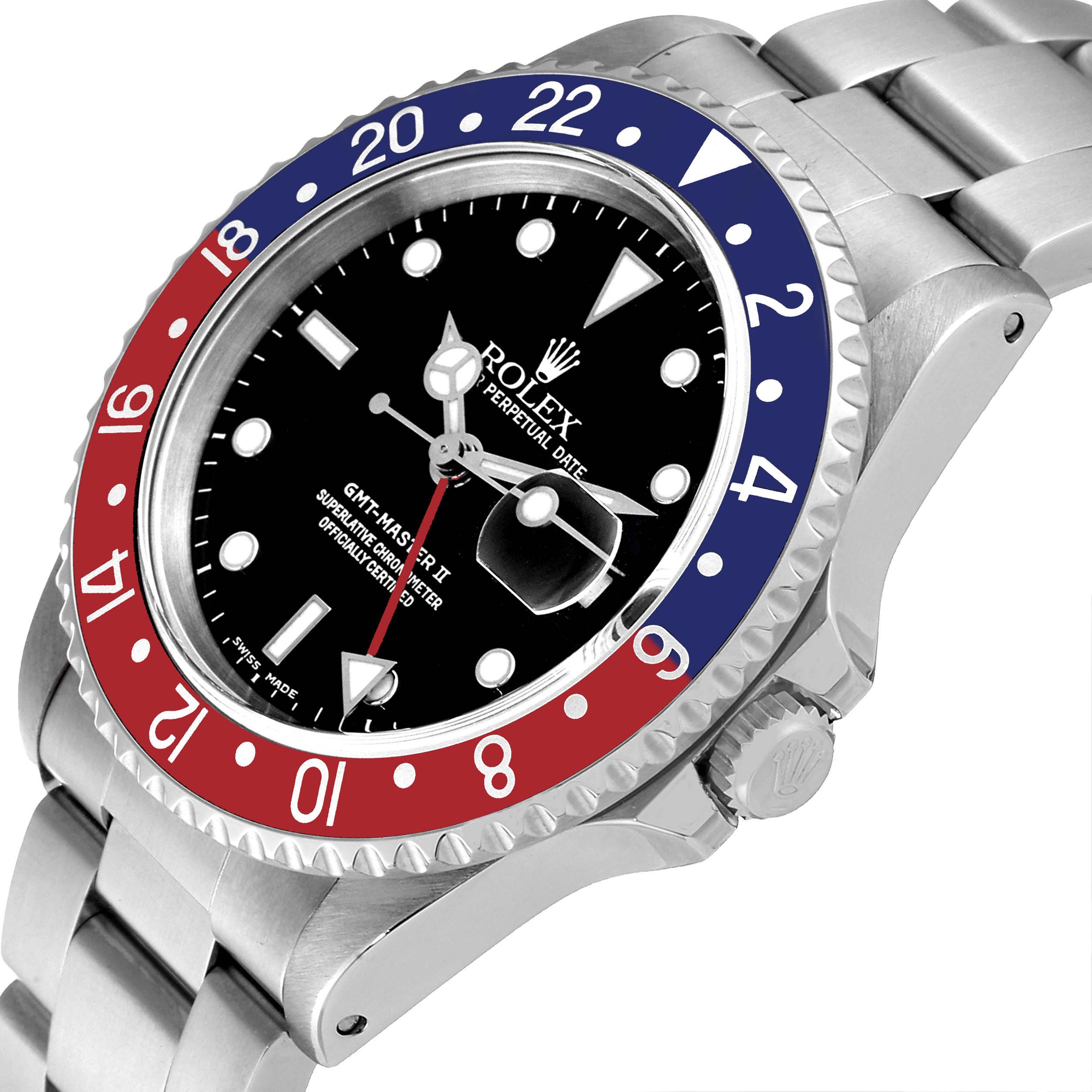 This image shows a side angle of a Rolex GMT-Master 16710 Men's Stainless Steel Black Dial 16710 Men's Stainless Steel Black Dial II watch, highlighting its bezel, crown, dial, and bracelet.